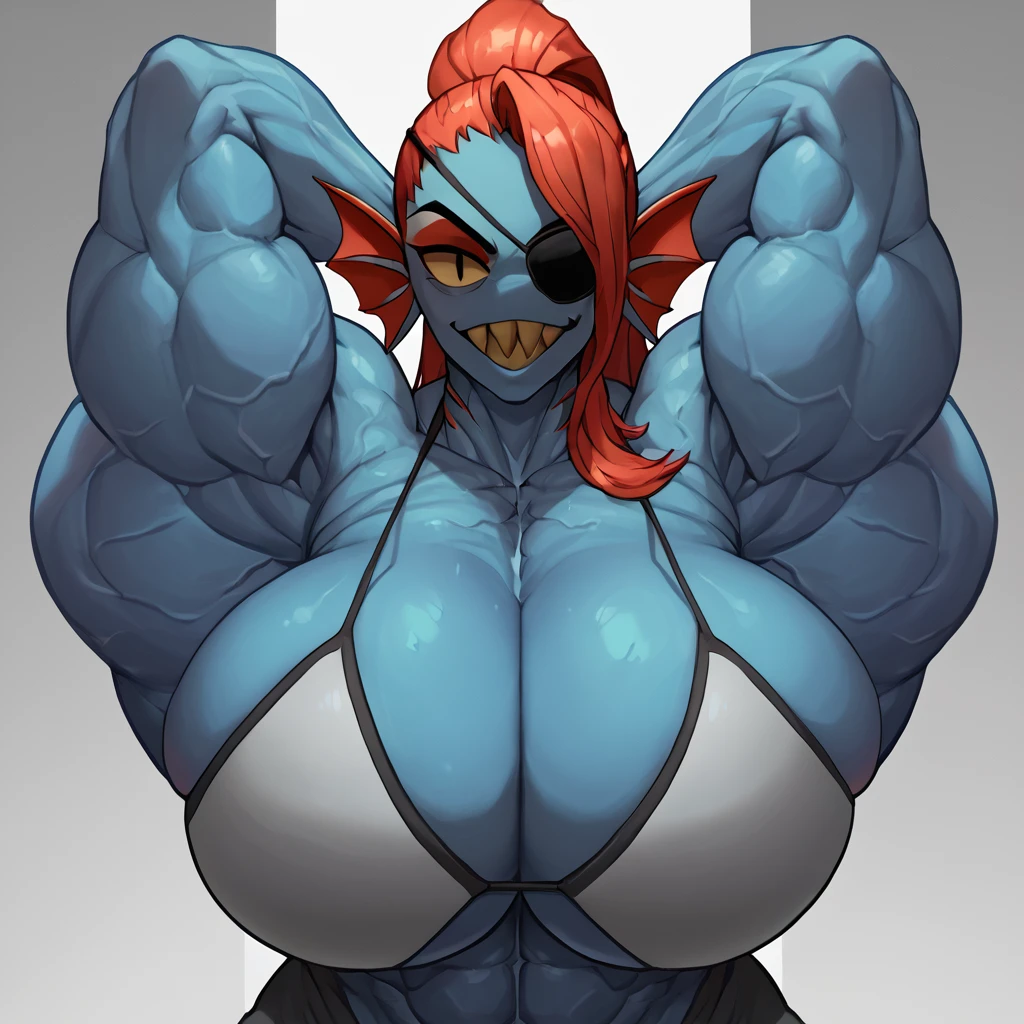 score_9, score_8_up, score_7_up, score_6_up, score_5_up, score_4_up, source_anime, 1girl, undyne \(undertale\), smiling, looking at viewer, portrait huge overfilled _implant, huge keep_inflating_Extrem_like a blimp, filling her up more plump , large Breastnts breast expanll up, extremely huge inflated muscles, hyper bursting with breast_implant,_fuwith Helium