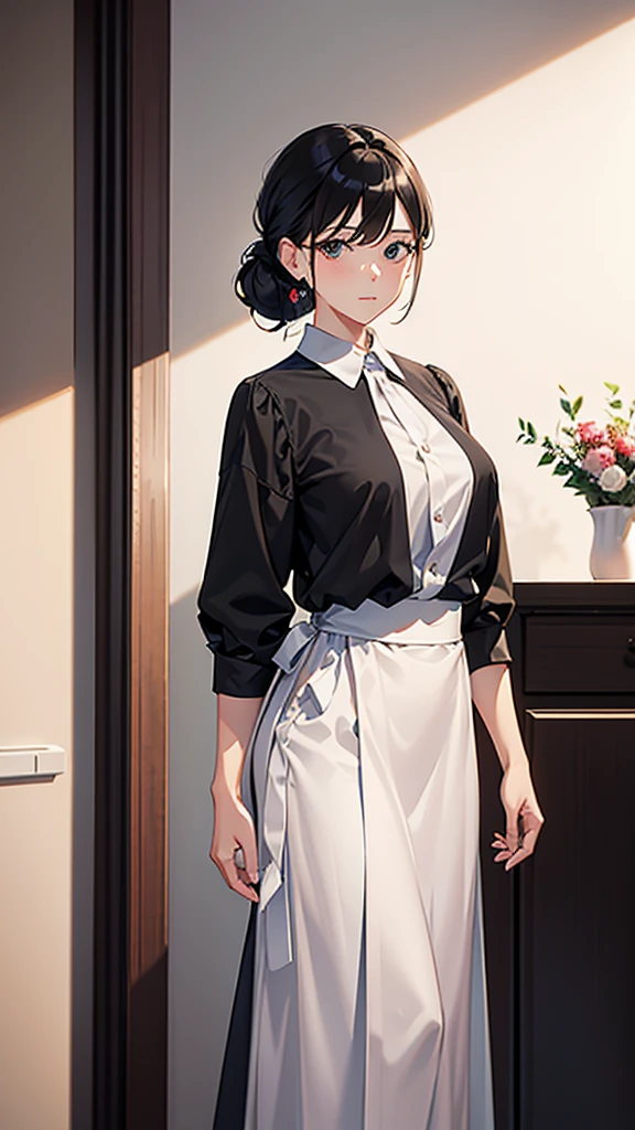 {masterpiece},high quality, 4K, 2D, 1 girl,simple background, 43 yo,attractive mature lady, standing,sagging breast,Maid clothes,front face,attractive mature lady,black hair tied into a chignon, {from right in front of face and body},View viewers from front,{front facing shot}
