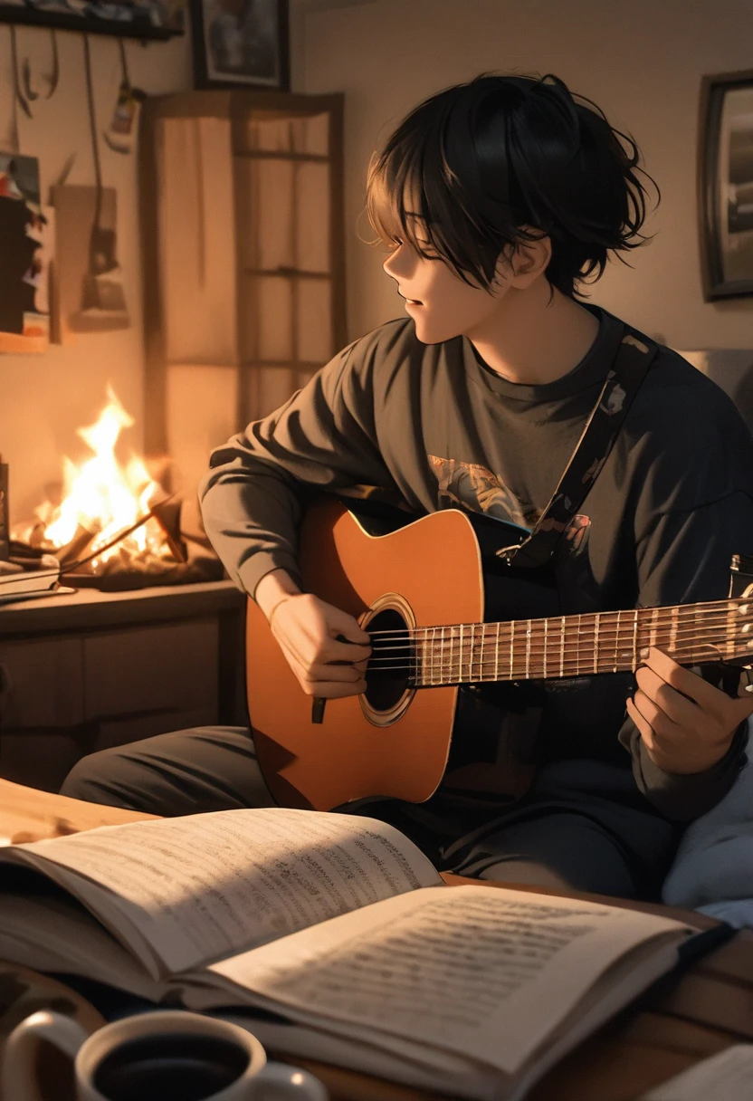 A boy(let it be a man) dressed as a lone ranger plays a guitar and a book, improvising music, music that reproduces itself, coffee and musical instrument, photo taken in 2 0 2 0, vibrating with the music, playing the guitar, play the guitars, Studying, DND Playback, play the guitar, Studying en el dormitorio, aesthetic shot, night setting, listening to divine music, outside shot, campfire night shot