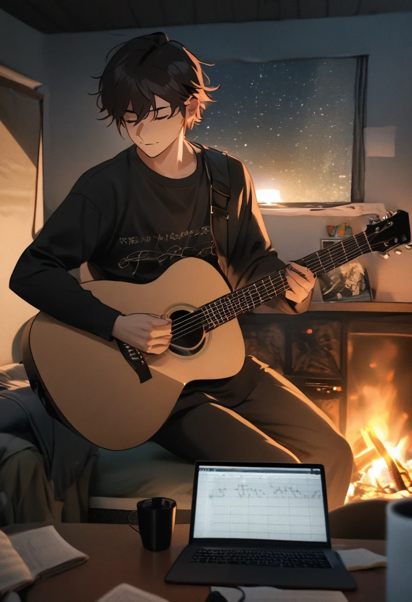 A boy(let it be a man) dressed as a lone ranger plays a guitar and a book, improvising music, music that reproduces itself, coffee and musical instrument, photo taken in 2 0 2 0, vibrating with the music, playing the guitar, play the guitars, Studying, DND Playback, play the guitar, Studying en el dormitorio, aesthetic shot, night setting, listening to divine music, outside shot, campfire night shot
