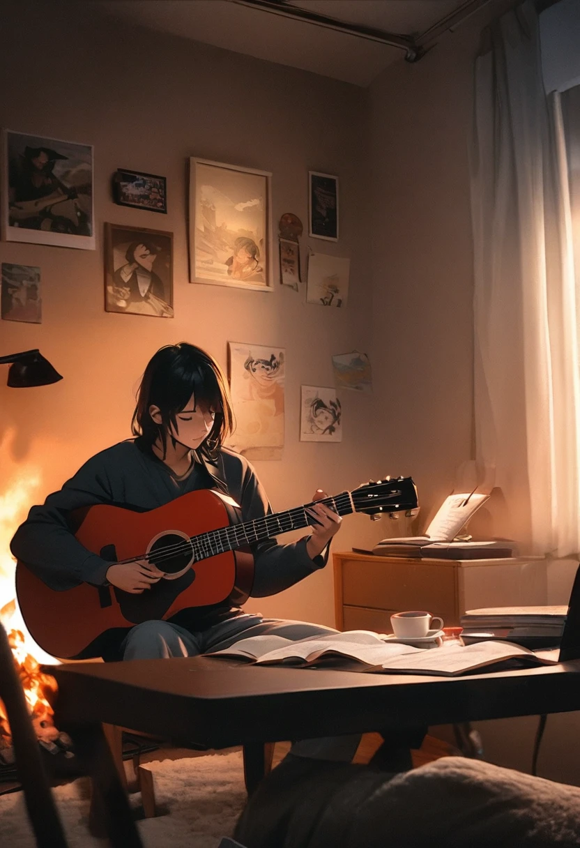 A boy(let it be a man) dressed as a lone ranger plays a guitar and a book, improvising music, music that reproduces itself, coffee and musical instrument, photo taken in 2 0 2 0, vibrating with the music, playing the guitar, play the guitars, Studying, DND Playback, play the guitar, Studying en el dormitorio, aesthetic shot, night setting, listening to divine music, outside shot, campfire night shot