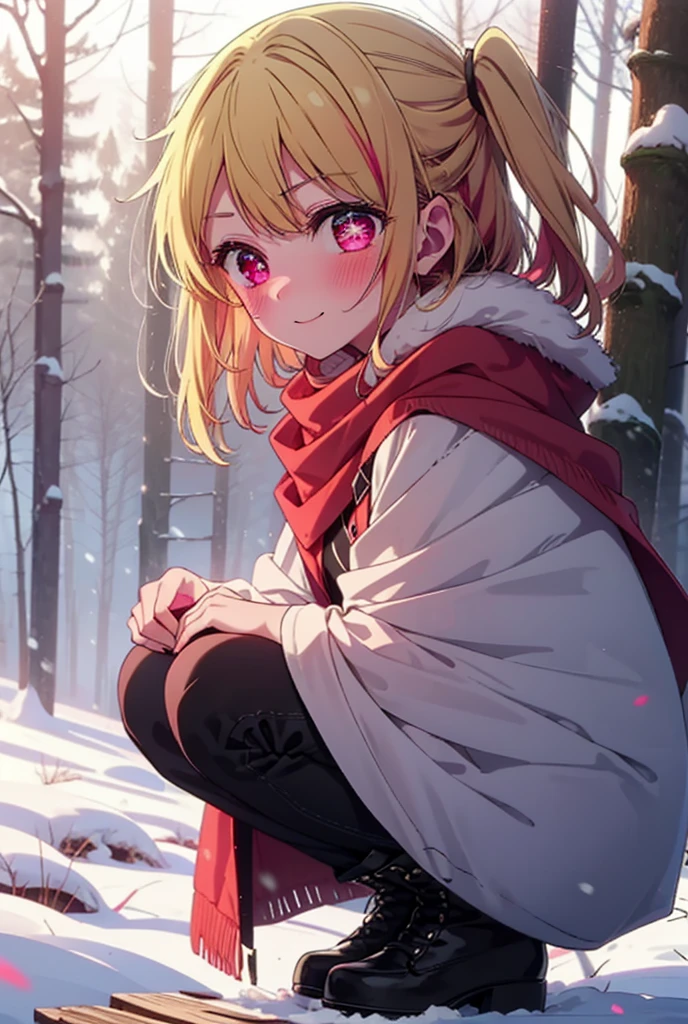 rubyhoshino, Hoshino Ruby, Long Hair, bangs, blonde, (Pink Eyes:1.3), Side Lock, (Symbol-shaped pupil:1.5), Multicolored Hair, Two-tone hair, smile,,smile,blush,white breath,
Open your mouth,snow,Ground bonfire, Outdoor, boots, snowing, From the side, wood, suitcase, Cape, Blurred, , forest, White handbag, nature,  Squat, Mouth closed, Cape, winter, Written boundary depth, Black shoes, red Cape break looking at viewer, Upper Body, whole body, break Outdoor, forest, nature, break (masterpiece:1.2), Highest quality, High resolution, unity 8k wallpaper, (shape:0.8), (Beautiful and beautiful eyes:1.6), Highly detailed face, Perfect lighting, Extremely detailed CG, (Perfect hands, Perfect Anatomy),