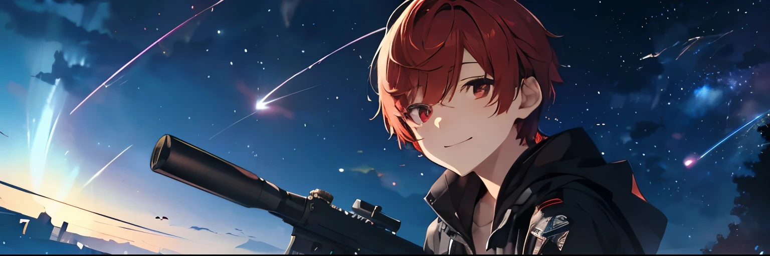 (Highest quality), (masterpiece), 1080P, High resolution, 4K, 8k, boy, Red hair, Red Eye, short hair, devil, black Parker, Upper Body, Lock, Night Sky, Starry Sky, shooting star, sniper rifle, smile,