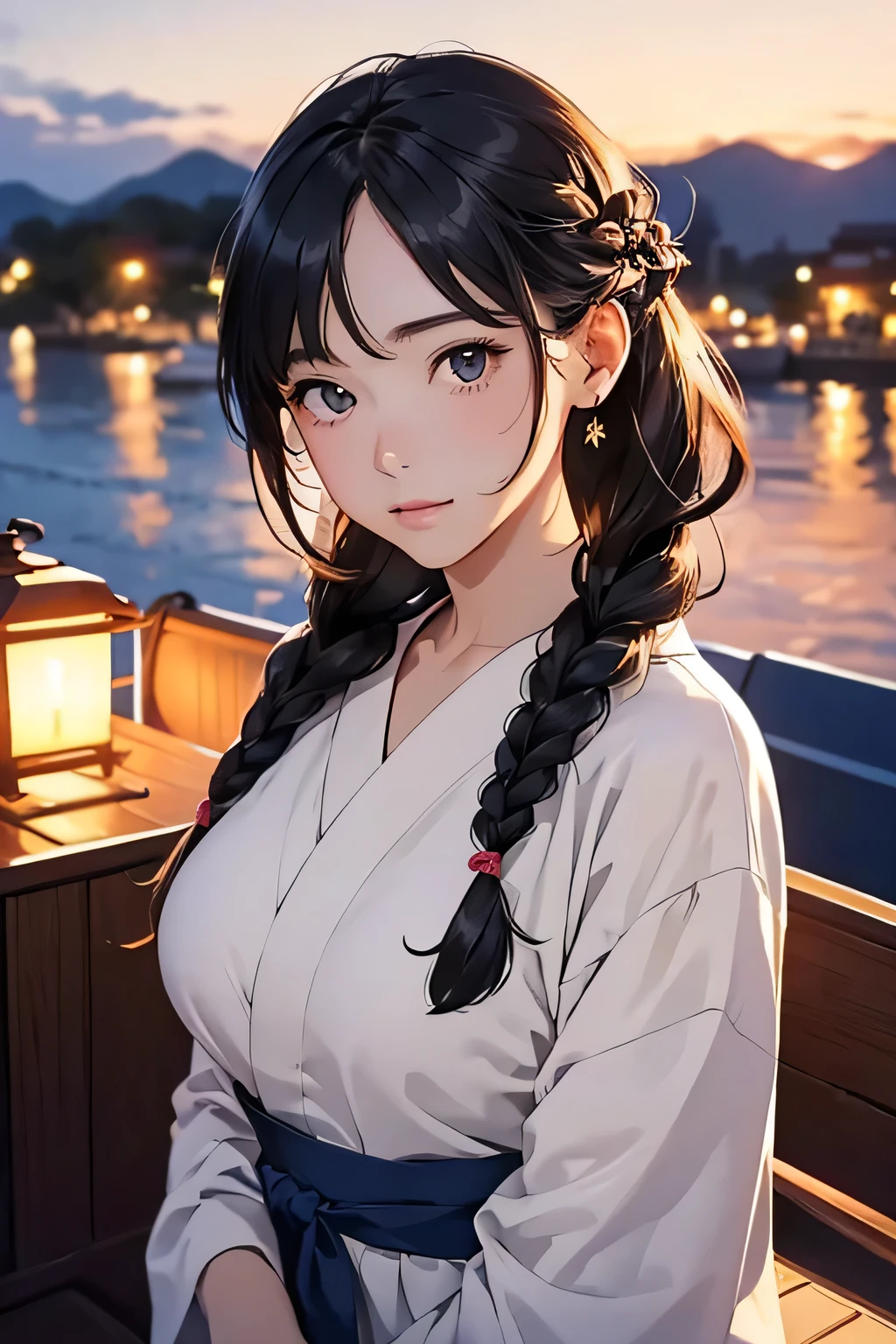 Highest quality、High resolution、Detailed Background、(Beautiful face in every detail:1.4)、Anatomically correct、Detailed facial expressions、(Detailed eyes:1.2)、Teenage beauty、(Huge breasts:1.2)、Light color hair、Braided Ponytail、Braided bob cut、Braided Long Hair、cute gesture、Midsummer evening、summer boat、Relaxed atmosphere、Cowboy Shot、

(Two pretty girls enjoying a date night on a summer boat:1.5)、

Board a summer boat moored on a deck along the river、Illuminated ship deck、Board the boat with a woman dressed in a cute yukata.、The night breeze blows pleasantly through the boat as it slowly makes its way down the river.、The shining moonlight gently illuminates the surface of the river.、Enjoy the night view along the river、cute