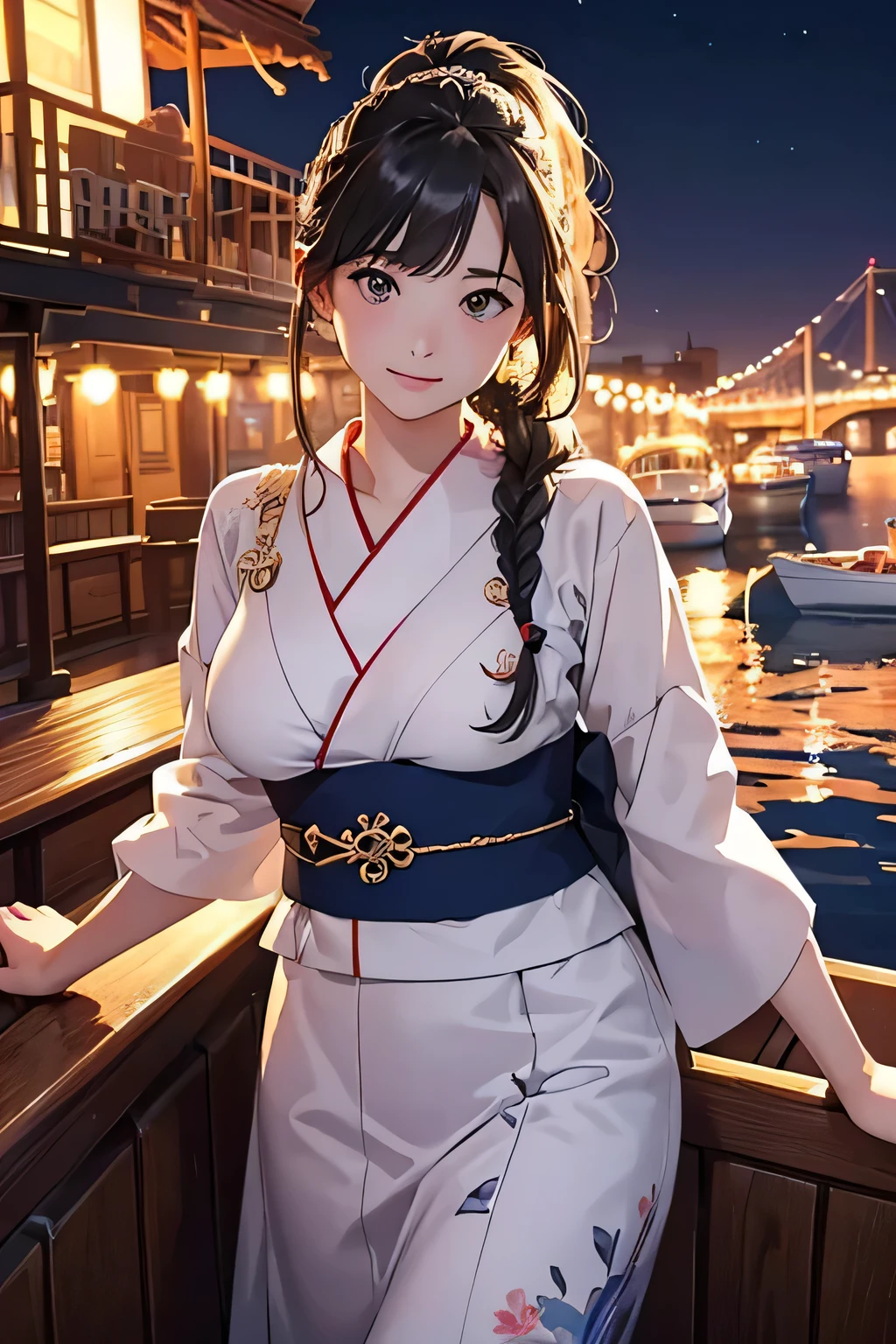 Highest quality、High resolution、Detailed Background、(Beautiful face in every detail:1.4)、Anatomically correct、Detailed facial expressions、(Detailed eyes:1.2)、Teenage beauty、(Huge breasts:1.2)、Light color hair、Braided Ponytail、Braided bob cut、Braided Long Hair、cute gesture、Midsummer evening、summer boat、Relaxed atmosphere、Cowboy Shot、
(Two pretty girls enjoying a date night on a summer boat:1.5)、
Board a summer boat moored on a deck along the river、Illuminated ship deck、Board the boat with a woman dressed in a cute yukata.、The night breeze blows pleasantly through the boat as it slowly makes its way down the river.、The shining moonlight gently illuminates the surface of the river.、Enjoy the night view along the river、cute
