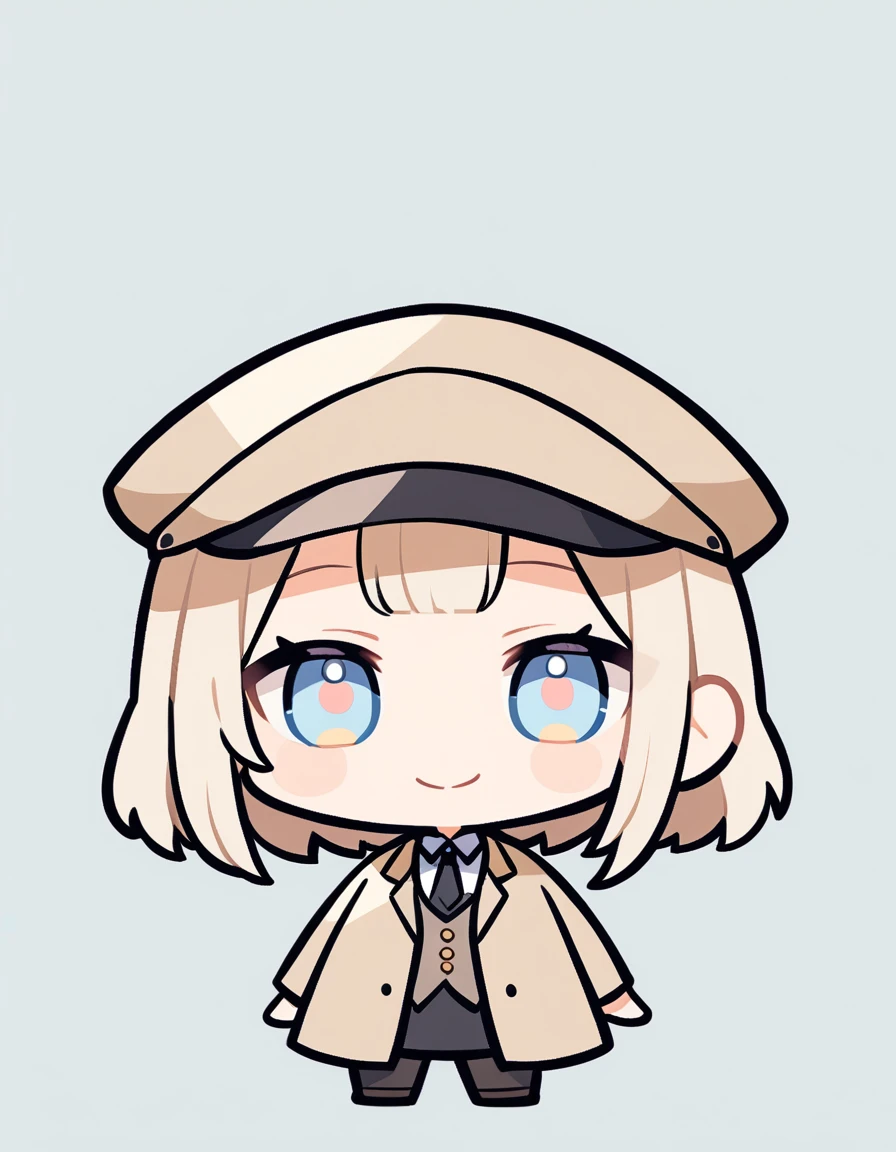 One girl, Beige hair、long、Bangs、Detective Suit、chibi,Light blue eyes、simple background、Smile