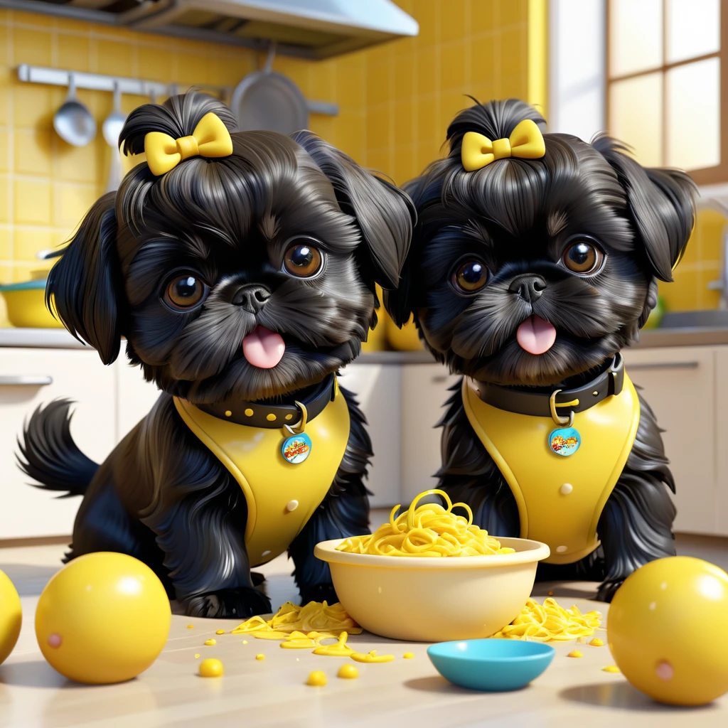 2 adorable small black shih tzu puppies, wearing yellow collars,playing with food, making a mess, disney kitchen, 3d cartoon, 3d render, disney pixar style, high quality, photorealistic, 8k, detailed, cute, whimsical, playful, adorable expression, mischievous, bright and colorful, soft lighting, warm tones
