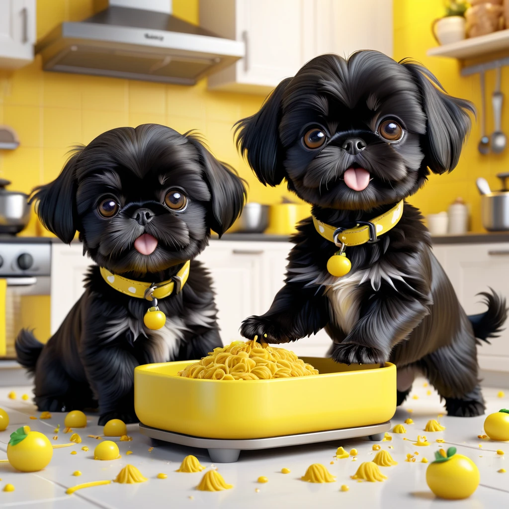 2 adorable small black shih tzu puppies, wearing yellow collars,playing with food, making a mess, disney kitchen, 3d cartoon, 3d render, disney pixar style, high quality, photorealistic, 8k, detailed, cute, whimsical, playful, adorable expression, mischievous, bright and colorful, soft lighting, warm tones