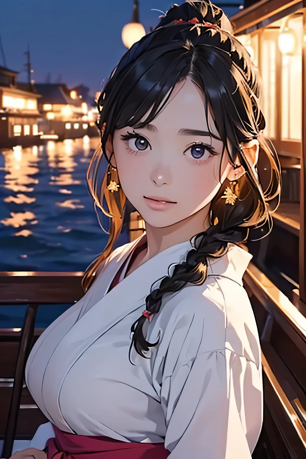 Highest quality、High resolution、Detailed Background、(Beautiful face in every detail:1.4)、Anatomically correct、Detailed facial expressions、(Detailed eyes:1.2)、Teenage beauty、(Huge breasts:1.2)、Light color hair、Braided Ponytail、Braided bob cut、Braided Long Hair、cute gesture、Midsummer evening、summer boat、Relaxed atmosphere、Cowboy Shot、
(Two pretty girls enjoying a date night on a summer boat:1.5)、
Board a summer boat moored on a deck along the river、Illuminated ship deck、Board the boat with a woman dressed in a cute yukata.、The night breeze blows pleasantly through the boat as it slowly makes its way down the river.、The shining moonlight gently illuminates the surface of the river.、Enjoy the night view along the river、cute
