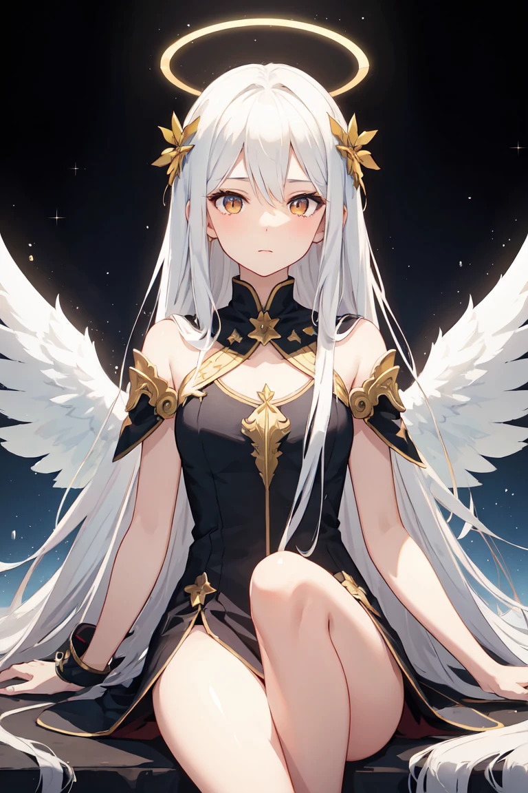 ****, illustration, heaven background, 1girl, white hair, golden eyes, long hair, halo, angel wings, serene expression, looking at viewer