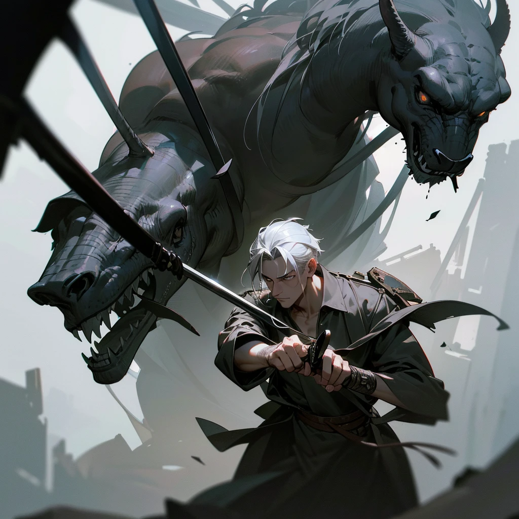 a 25 year old man with grey hair, a pirate ship medic swordsman, with amber eyes in a worn medical gown, holding a small dagger, aspiring to become the world's strongest swordsman, detailed portrait, highly detailed face, intricate details, chiaroscuro lighting, cinematic composition, dramatic lighting, moody atmosphere, dark fantasy, gritty and realistic, (best quality,8k,highres,masterpiece:1.2),ultra-detailed,(realistic,photorealistic,photo-realistic:1.37),cinematic lighting, dramatic shadows, volumetric lighting, atmospheric, moody, dark, gritty, grim, intense, powerful, heroic, epic, cinematic, dramatic, immersive, engaging