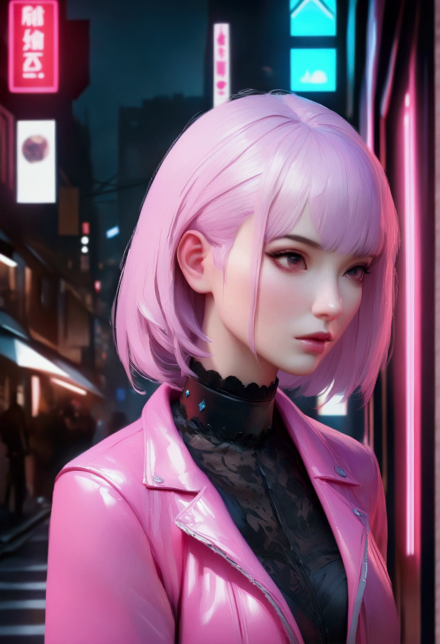 there is a woman standing on the side of the street, cyberpunk art by Yang J, trending on Artstation, realism, artwork in the style of guweiz, anime style. 8k, guweiz, realistic anime 3 d style, trending on cgstation, 🤤 girl portrait, hyper-realistic cyberpunk style, anime style mixed with fujifilm, dreamy cyberpunk girl
