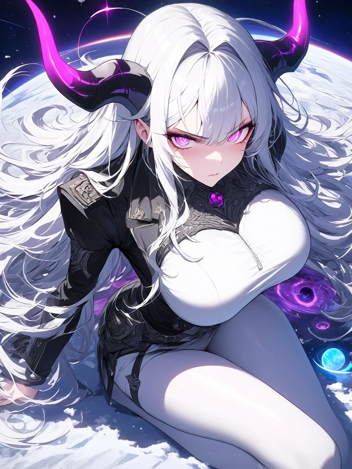 Masterpiece, very detailed, ultra detailed, one, (1 woman), she is in an ancient black futuristic military uniform, and in an full position, long hair, bright white hair, snow-white hair and hair on the sides, white demonic horns, beautiful, charming, bright purple eyes, neon eyes, bright eyes, elegant, big breasts, serious face, cold face, charming, against the background of space planets and a black hole.