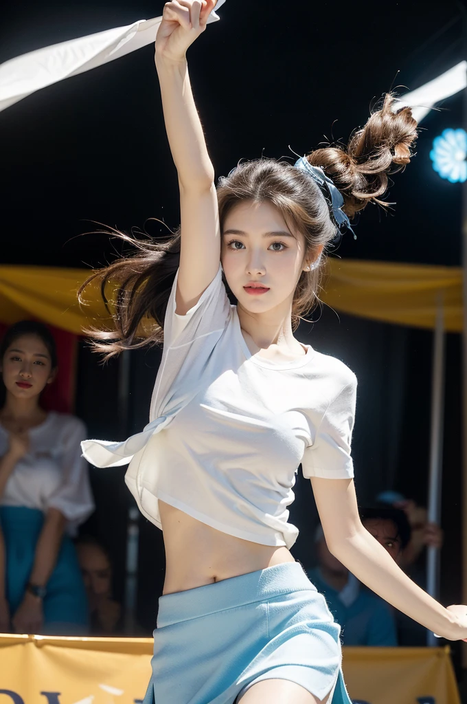 (((best quality))), (((ultra detailed))), (((masterpiece))), illustration,((a beautiful girl,solo)),((slim,thin)),((small breasts,flat chest,claviclis,navel)),(white shirt with blue short sleeves:1.5),(blue mini-skirt:1.3),(slender legs:1.2),dancing,((on a stage,outside a shopping mall, at the entrance of a beer promotional event,on the street)), ((surrounded by crowded crowds)),((her hair and the edges of her skirt fluttering in the air)), the girl's attire reflecting the vibrant spirit of summer, a sense of youthful charm and confidence exuding from her, her hair flows freely in the wind, the fluttering skirt accentuating her graceful movements, her expressive eyes and infectious smile drawing people closer, the stage adorned with colorful decorations, the vibrant atmosphere enhanced by the enthusiasm of the crowd, onlookers of various ages captivated by her performance, clapping, cheering, and taking photos, the girl's graceful dance transforming the ordinary streets into a vibrant and lively venue, her energy and charisma captivating the audience, the scene encapsulating the spirit of summer and the beauty of artistic expression,(night scene:1.3),(from front:1.3)