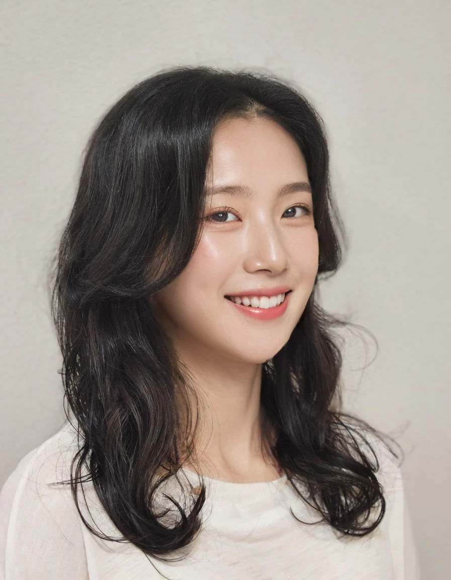 Best Quality, 8k, Masterpiece, (Portrait: 1.3), (photo realistic:1.4), (hyper realistic:1.4), Sharp Focus, looking at viewer, (smoother lighting:1.1), (increase cinematic lighting quality:0.9), realistic lighting, backlighting, light on face, ray trace, (brightening light:1.2), (Increase quality:1.4), sharp detail, (best quality real texture skin:1.4), finely detailed eyes, black_eyes, finely detailed face, 25 year old Korean woman,smiling_face