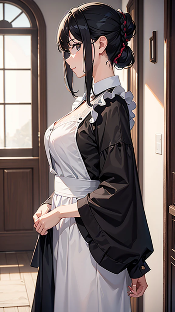 {masterpiece},high quality, 4K, 2D, 1 girl,simple background, 43 yo,attractive mature lady, standing,sagging breast,{{Maid clothes}},front face,attractive mature lady,black hair tied into a chignon, {from right in front of face and body},View viewers from front,{front facing shot}