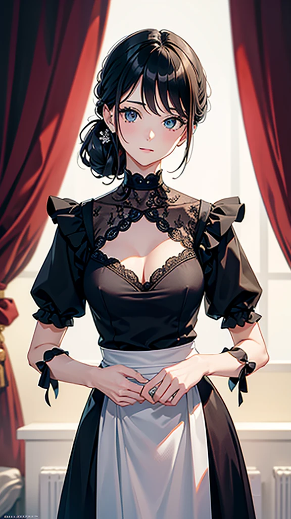 {masterpiece},high quality, 4K, 2D, 1 girl,simple background, 43 yo,attractive mature lady, standing,sagging breast,{{Maid clothes}},front face,attractive mature lady,black hair tied into a chignon, {from right in front of face and body},View viewers from front,{front facing shot}
