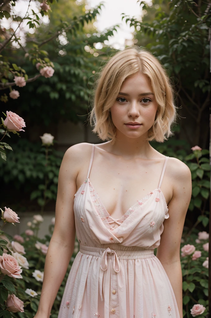 8k, RAW photo, Fujifilm, style photo of a beautiful young woman as avril in a garden of light pink roses (highly detailed skin: 1.2) Style-Petal BREAK short hair, blonde hair with colored locks, wearing a dress, film granulation, 35mm, cute style