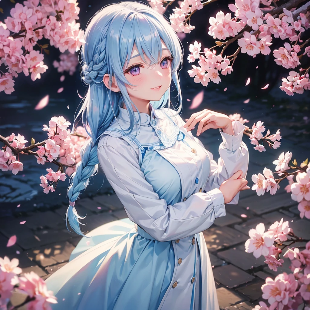 (Light Blue Medium Hair),(Braided Hair)、Pink Eyes、Fair skin、(whole body)、(uniform)、Cherry Blossoms at Night、Big smile、A dignified figure、alone、(masterpiece、Highest quality、Very detailed、Best Shadow)、(Detailed Background)、(Beautifully detailed face)、High Contrast、(Best lighting、Very delicate and beautiful)、((Cinematic Light))、colorful、Hyper Detail、Dramatic Light、Exquisite detail、