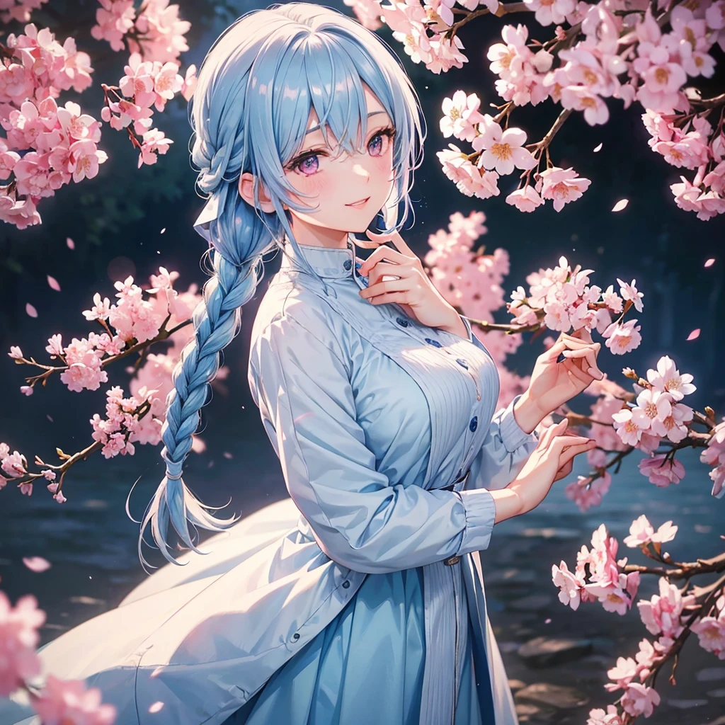 (Light Blue Medium Hair),(Braided Hair)、Pink Eyes、Fair skin、(whole body)、(uniform)、Cherry Blossoms at Night、Big smile、A dignified figure、alone、(masterpiece、Highest quality、Very detailed、Best Shadow)、(Detailed Background)、(Beautifully detailed face)、High Contrast、(Best lighting、Very delicate and beautiful)、((Cinematic Light))、colorful、Hyper Detail、Dramatic Light、Exquisite detail、
