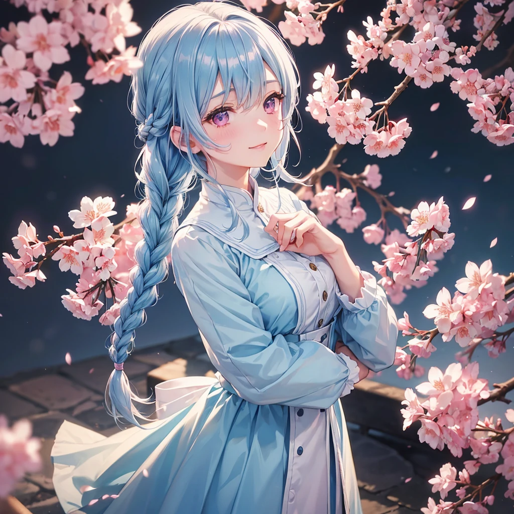 (Light Blue Medium Hair),(Braided Hair)、Pink Eyes、Fair skin、(whole body)、(uniform)、Cherry Blossoms at Night、Big smile、A dignified figure、alone、(masterpiece、Highest quality、Very detailed、Best Shadow)、(Detailed Background)、(Beautifully detailed face)、High Contrast、(Best lighting、Very delicate and beautiful)、((Cinematic Light))、colorful、Hyper Detail、Dramatic Light、Exquisite detail、