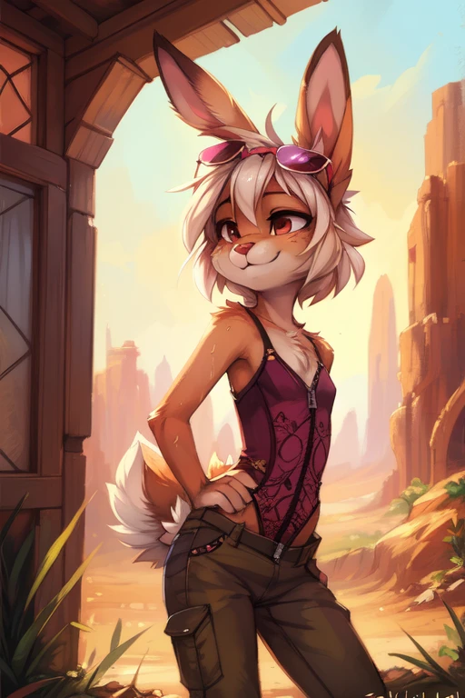 by kenket, by Zackary911, by hyattlen, by teranen, by fumiko, by Pixelsketcher, by Bayard Wu, by Einshelm, by Kilinah, by Hioshiru, by fluff-kevlar, by Dimwitdog, Furry, Anthro, solo, ((bunny)), ((female)), (slender), ((young)), ((fluffy tail)), floppy ears, ears down, short white hair, small breasts, short bunny tail, lace leotard, embroidery, crotch zipper, unzipped, chest fluff, erotic, desert, dirty, sweaty, sunglasses on head, ribs, smug, erotic pose, dynamic pose, butt