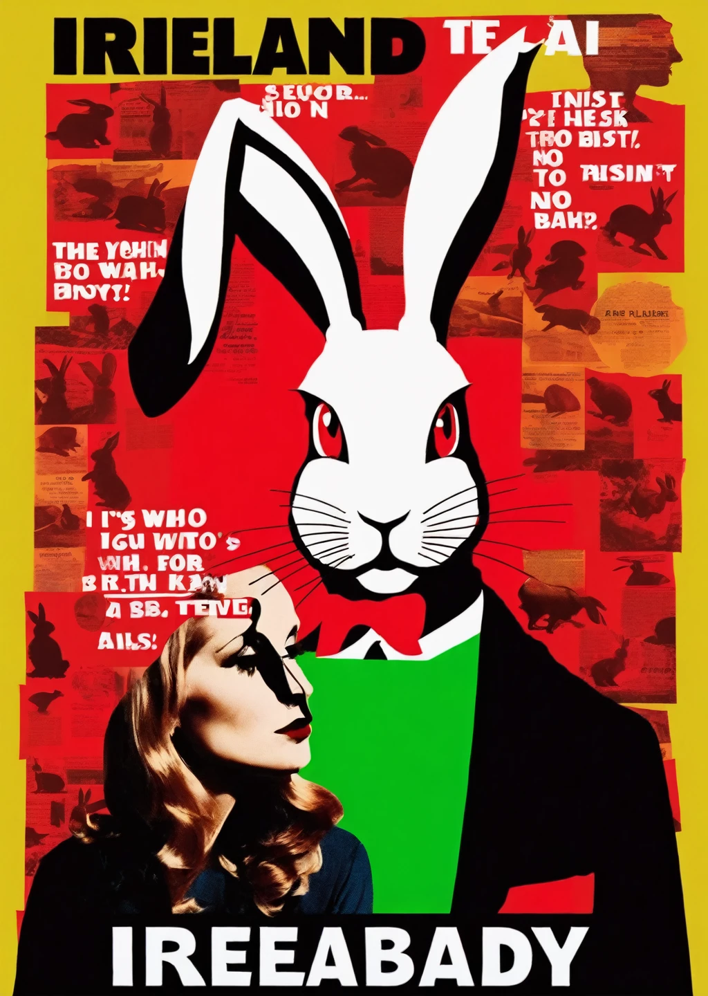 1 rabbit、Rabbit、Travel to Ireland、silhouette、Realistic、Irish color theme、
Karl Kleiner Barbara Kruger Summary, American, collage, Digital, graphic design, Pop Art, Portraiture