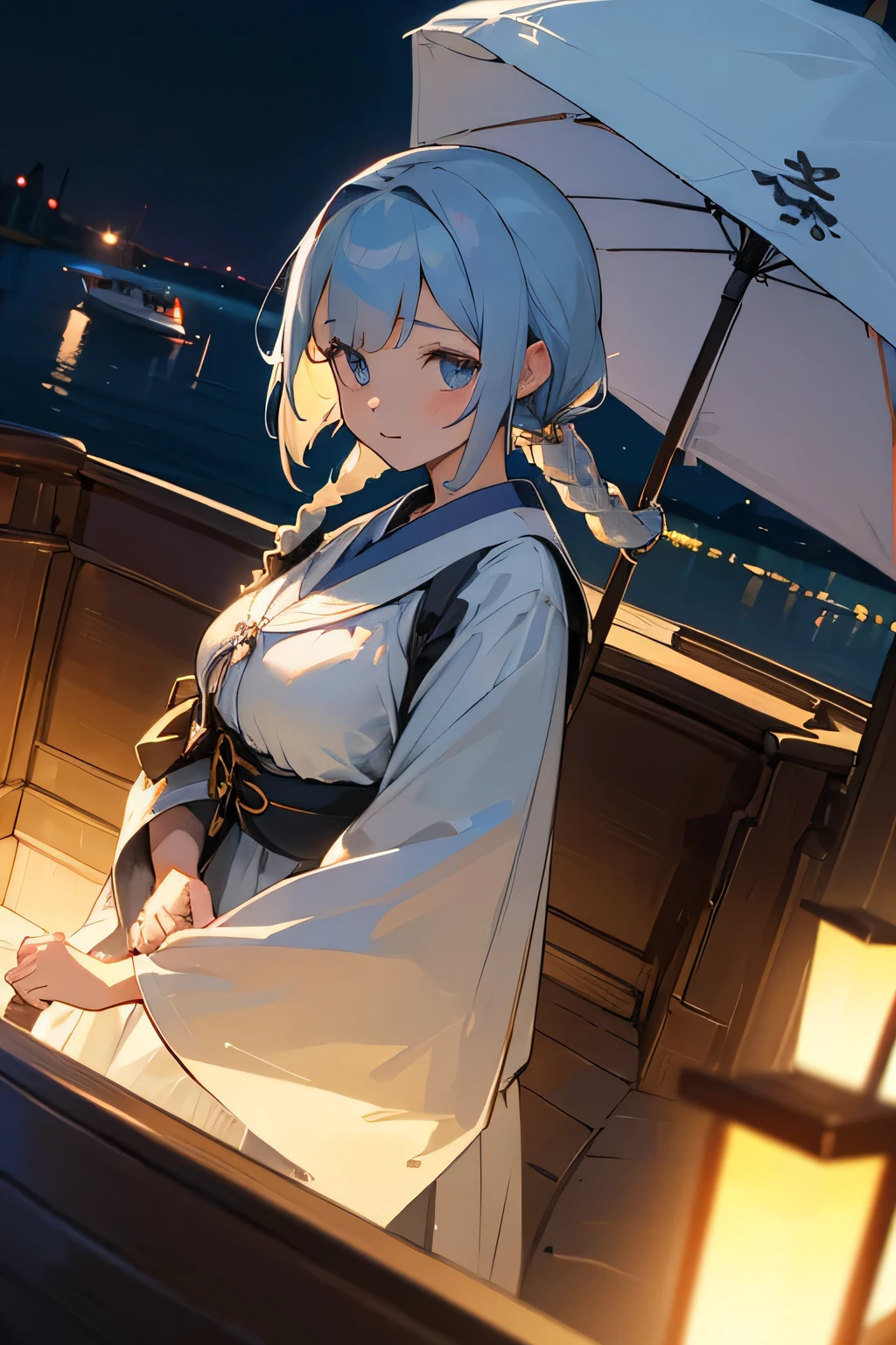 Highest quality、High resolution、Detailed Background、(Beautiful face in every detail:1.4)、Anatomically correct、Detailed facial expressions、(Detailed eyes:1.2)、Teenage beauty、(Huge breasts:1.2)、Light color hair、Braided Ponytail、Braided bob cut、Braided Long Hair、cute gesture、Midsummer evening、summer boat、Relaxed atmosphere、Cowboy Shot、

(Two pretty girls enjoying a date night on a summer boat:1.5)、

Board a summer boat moored on a deck along the river、Illuminated ship deck、Board the boat with a woman dressed in a cute yukata.、The night breeze blows pleasantly through the boat as it slowly makes its way down the river.、The shining moonlight gently illuminates the surface of the river.、Enjoy the night view along the river、cute