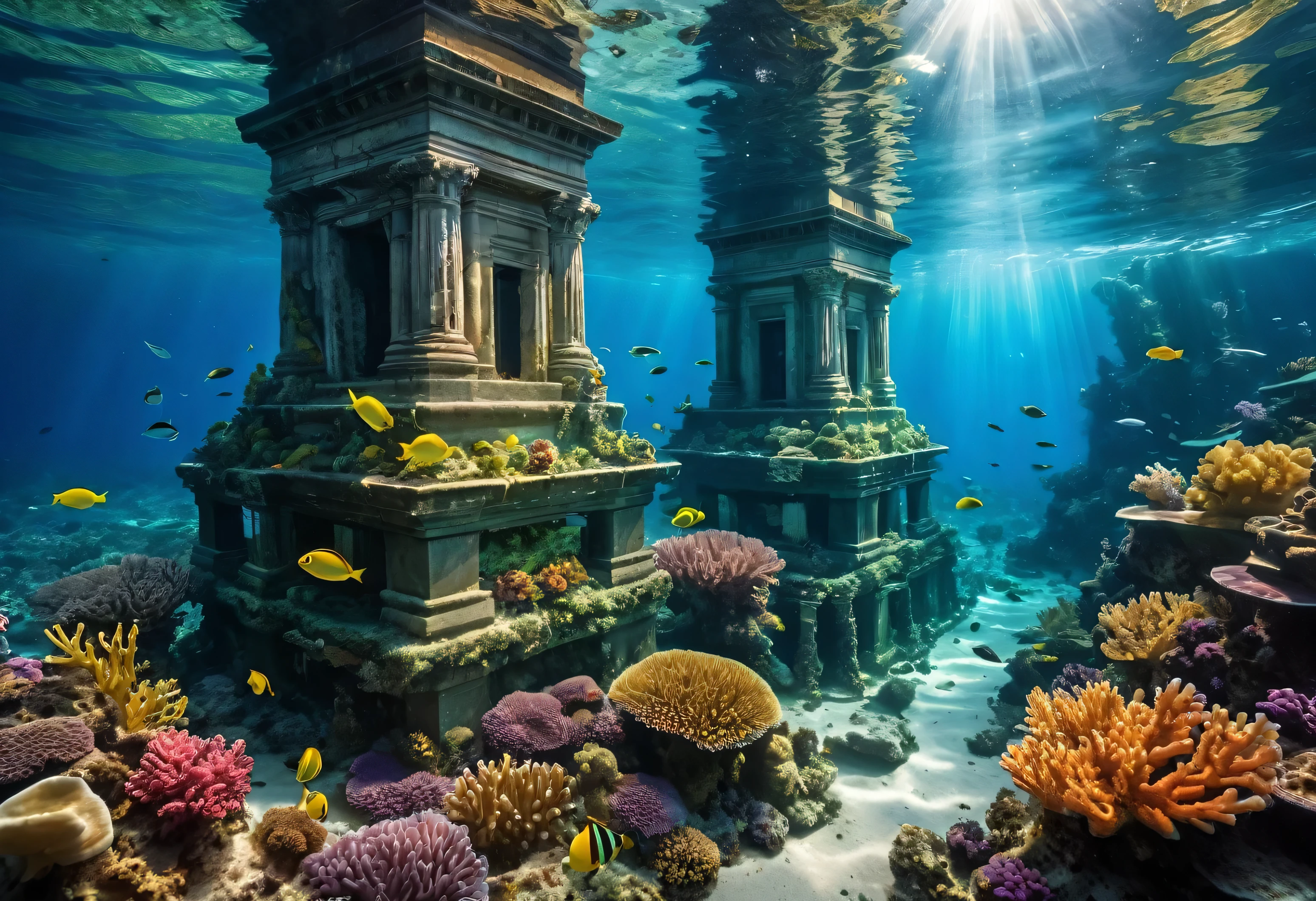 Generate a highly detailed and realistic photo of a submerged city under the ocean. The scene should depict buildings, streets, and structures partially covered by vibrant coral reefs and marine life. Schools of colorful fish swim around the ruins, adding motion and life to the underwater landscape. The city's architecture is clearly visible through the clear, blue water, with seaweed and other marine plants growing on the surfaces. Sunlight filters through the water, casting a soft, ethereal glow over the scene and creating beautiful shafts of light. The foreground features intricate coral formations, anemones, and small marine creatures, enhancing the sense of a thriving underwater ecosystem. The overall atmosphere should evoke a sense of wonder and mystery, capturing the surreal beauty of an urban environment transformed into an underwater paradise.