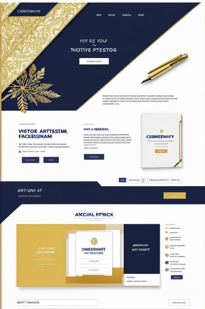 "Create an elegant and professional banner for 'The Write Choice' stationery shop. Highlight the shop name prominently with the tagline 'Your Destination for Premium Stationery' below it. Include key offerings: 'Quality Pens & Pencils,' 'Elegant Notebooks,' 'Art Supplies,' 'Office Essentials,' and 'Personalized Stationery,' with relevant imagery. Add contact info (address, phone, website) and social media icons (Facebook, Instagram, Twitter). Use a navy blue, white, and gold color scheme."