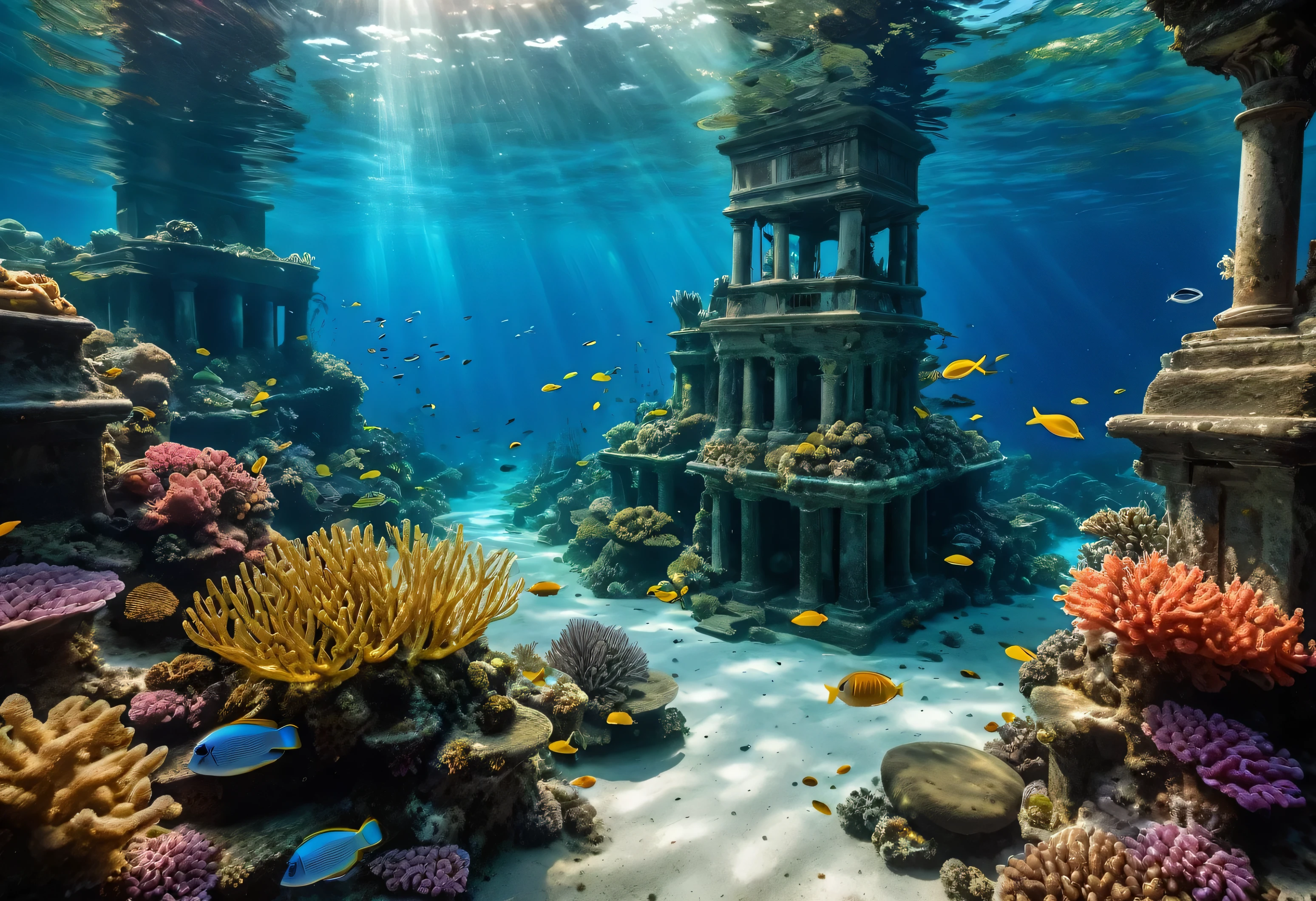 Generate a highly detailed and realistic photo of a submerged city under the ocean. The scene should depict buildings, streets, and structures partially covered by vibrant coral reefs and marine life. Schools of colorful fish swim around the ruins, adding motion and life to the underwater landscape. The city's architecture is clearly visible through the clear, blue water, with seaweed and other marine plants growing on the surfaces. Sunlight filters through the water, casting a soft, ethereal glow over the scene and creating beautiful shafts of light. The foreground features intricate coral formations, anemones, and small marine creatures, enhancing the sense of a thriving underwater ecosystem. The overall atmosphere should evoke a sense of wonder and mystery, capturing the surreal beauty of an urban environment transformed into an underwater paradise.