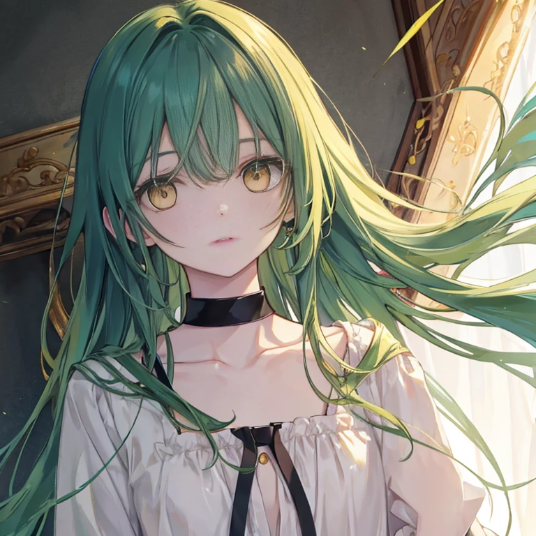 top quality,Perfect Face, long dark green hair, yellow eyes, collarbone
