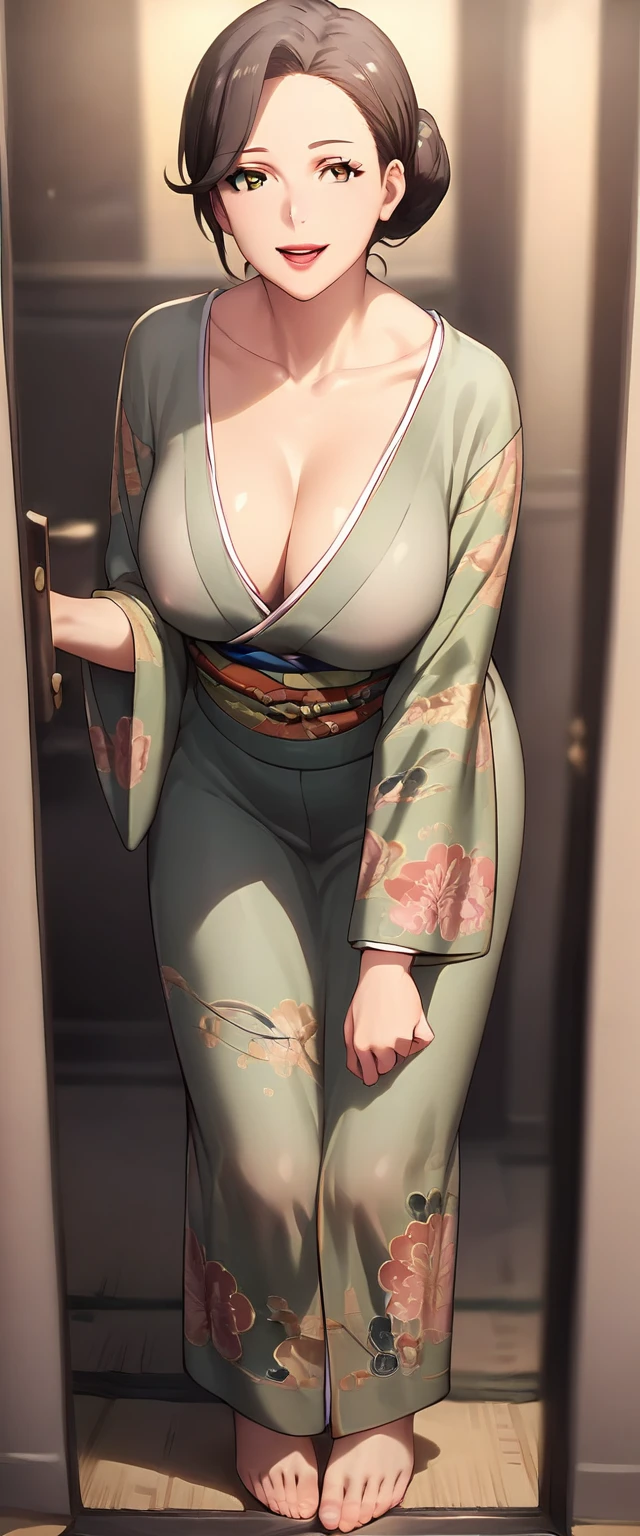 score_9, score_8_up, score_7_up, score_6_up, score_5_up, score_4_up,mrs yukinoshita, hair bun, lipstick,large breasts,kimono,anime style, best quality, masterpiece, ultra-detailed, high quality, highres, 1girl, mature female, milf, mothely, beautiful, beautiful and perfect face, detailed eyes, detailed eyelashes, smile, open mouth, looking at viewer, large breasts, see through, curvy body, POV, close shot, from the front, standing, full body, feet, in home, open the door, leaning forward