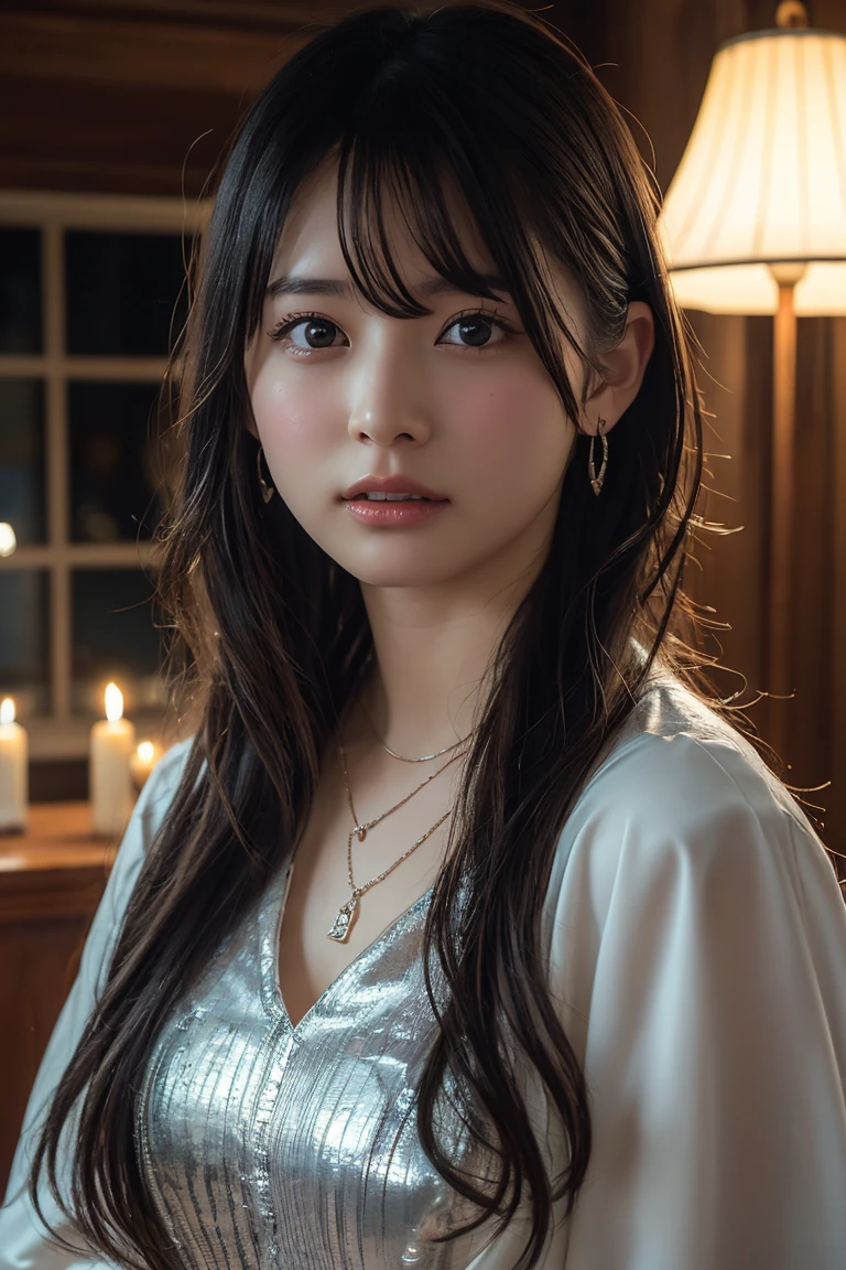 (Highest quality:1.4),(masterpiece:1.4),(Realistic:1.4),(Realistic:1.2),(超High resolution, RAW Photos:1.4),(High resolution, Ultra-detailed:1.2),(8k:1.2),View your viewers,Cinematic photography,One girl,skeletally correct,Black-haired woman,Woman in her early 20s,(Small earrings,necklace,Metallic Dresses),(Western-style building interior,Dimly lit room,The lamplight shines on my cheeks)