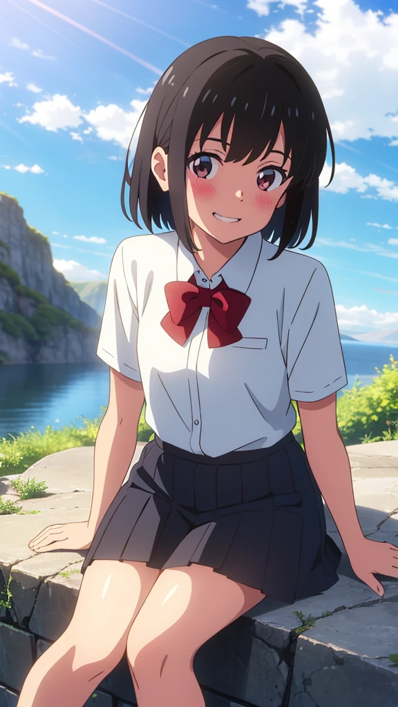 shinkai makoto, kimi no na wa., 1girl, bangs, black hair, blush, expressive eyes, brown eyes, perfect face, looking at the viewer, school outfit, white collared shirt, red headband, red ribbon, red bow, short sleeves, black skirt, short hair, solo, outdoors, shinny skin, smile, cute, grin, cloudy, blue sky, mountains, rocks, sitting, (masterpiece), best quality