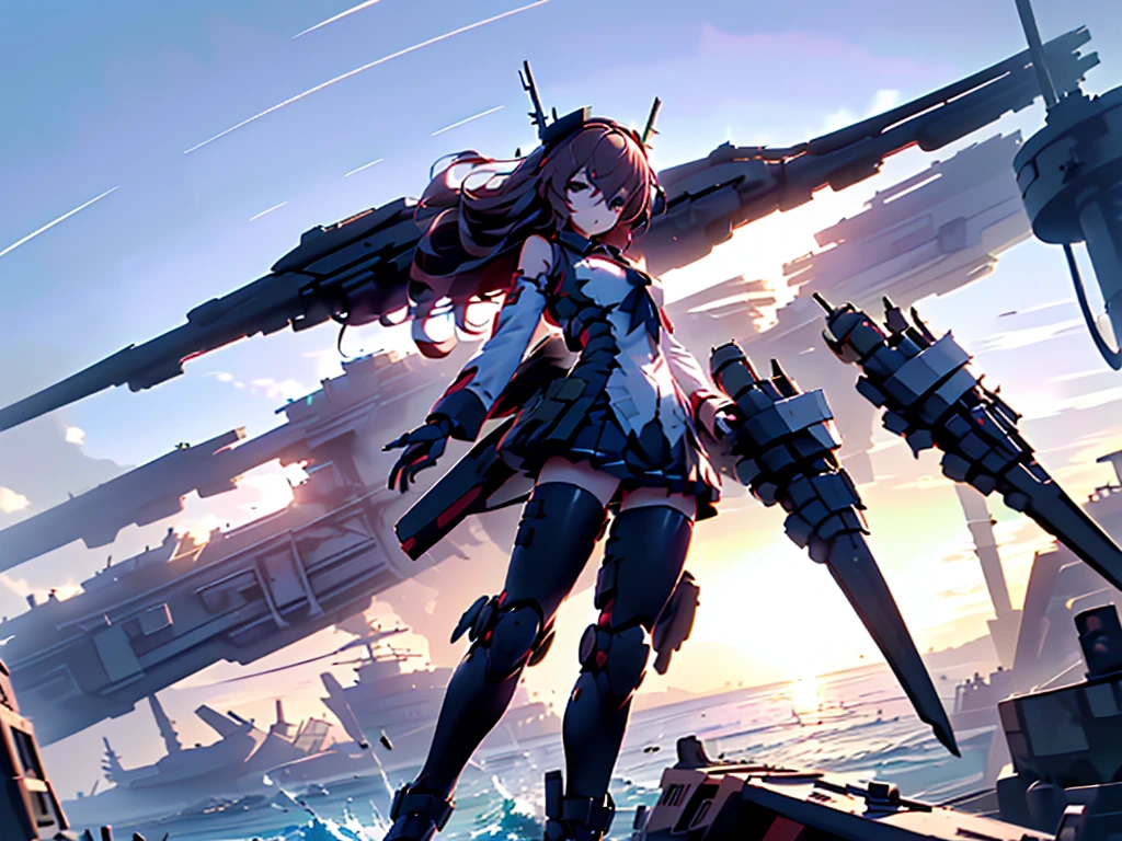 (((masterpiece, Vision))), ((((Full body of a woman with perfect flat chest、1 Female、solo、Short unkempt black hair、Tie your messy hair at the nape of your neck、white military jacket、Miko costume、black tights、Black glasses are black、White military cap、Cloudy black eyes、Confused eyes、Junyo-inspired emblem、Ship-style boots)))), (((Shipgirl))), ((Floating on the morning sea with both feet)), (Standing with your legs apart)), Aim, (Hold the shotgun turret grip with your right hand), (A mechanical dragon covered in white armor extends from its back.), (Holding a shotgun with metal tentacles), (Equipped with a bridge on the back), (His left arm holds the grip of a triple-barreled shotgun),