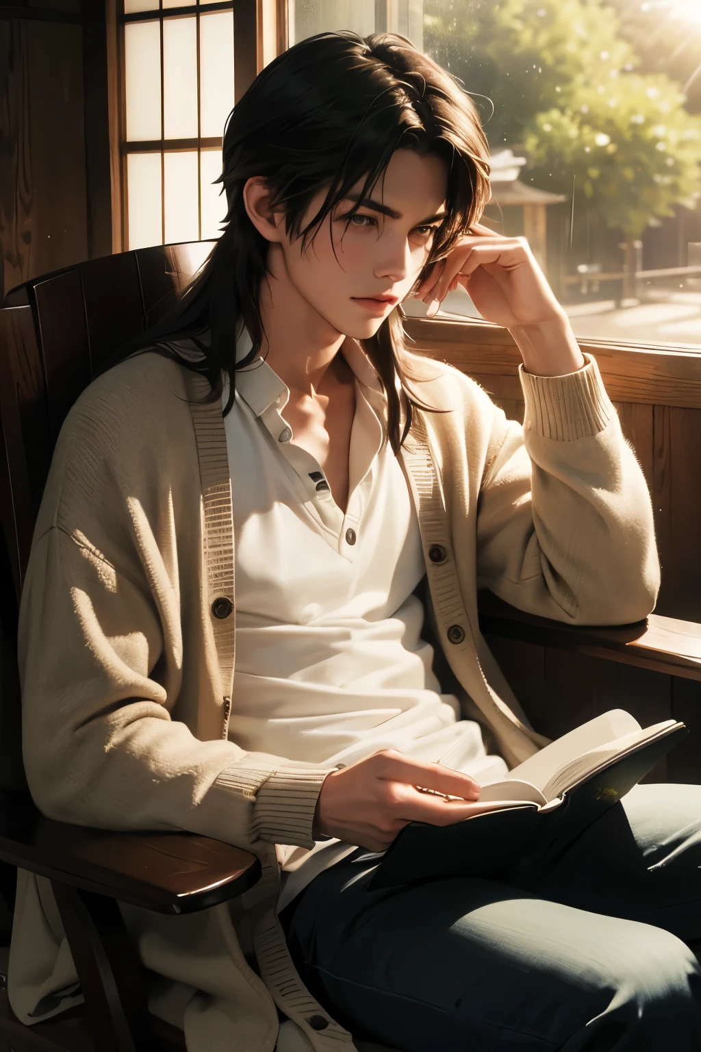 masterpiece , best quality , man , semi longhair,cardigan,sun shower,book,rocking chair,japanese,by shinkai makoto