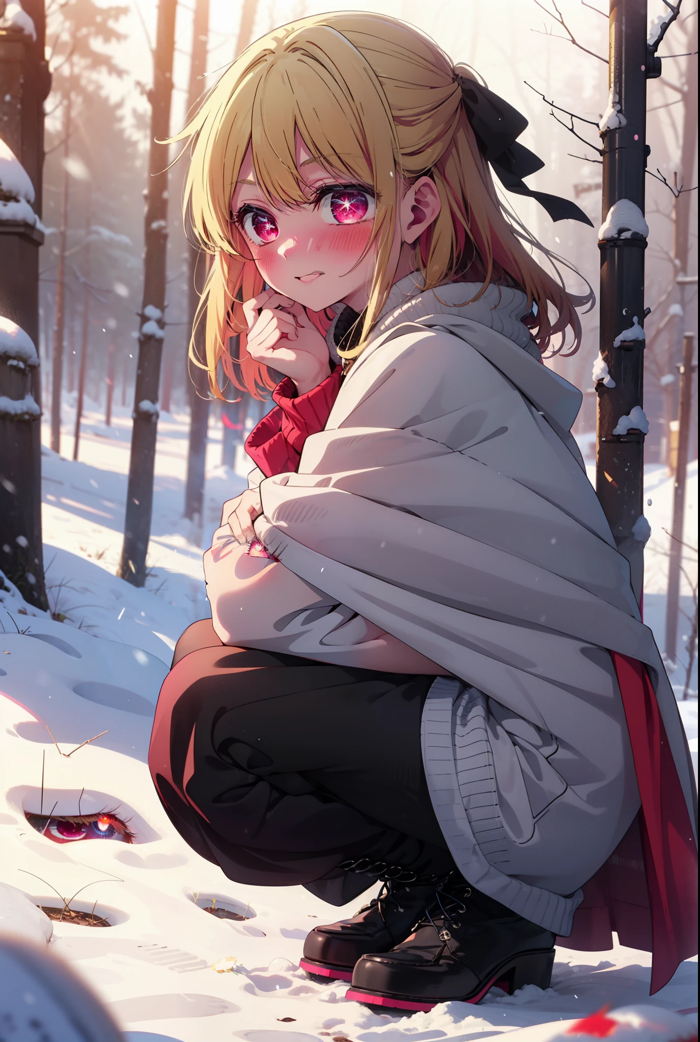 rubyhoshino, Hoshino Ruby, Long Hair, bangs, blonde, (Pink Eyes:1.3), Side Lock, (Symbol-shaped pupil:1.5), Multicolored Hair, Two-tone hair, smile,,smile,blush,white breath,
Open your mouth,snow,Ground bonfire, Outdoor, boots, snowing, From the side, wood, suitcase, Cape, Blurred, , forest, White handbag, nature,  Squat, Mouth closed, Cape, winter, Written boundary depth, Black shoes, red Cape break looking at viewer, Upper Body, whole body, break Outdoor, forest, nature, break (masterpiece:1.2), Highest quality, High resolution, unity 8k wallpaper, (shape:0.8), (Beautiful and beautiful eyes:1.6), Highly detailed face, Perfect lighting, Extremely detailed CG, (Perfect hands, Perfect Anatomy),