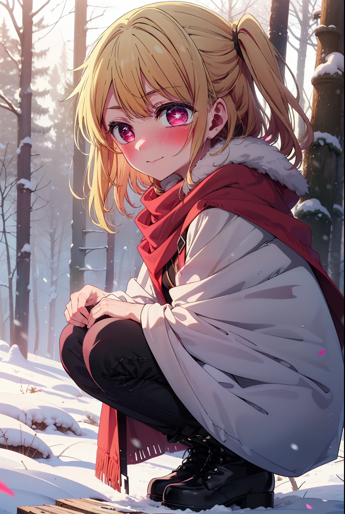 rubyhoshino, Hoshino Ruby, Long Hair, bangs, blonde, (Pink Eyes:1.3), Side Lock, (Symbol-shaped pupil:1.5), Multicolored Hair, Two-tone hair, smile,,smile,blush,white breath,
Open your mouth,snow,Ground bonfire, Outdoor, boots, snowing, From the side, wood, suitcase, Cape, Blurred, , forest, White handbag, nature, Squat, Mouth closed, Cape, winter, Written boundary depth, Black shoes, red Cape break looking at viewer, Upper Body, whole body, break Outdoor, forest, nature, break (masterpiece:1.2), Highest quality, High resolution, unity 8k wallpaper, (shape:0.8), (Beautiful and beautiful eyes:1.6), Highly detailed face, Perfect lighting, Extremely detailed CG, (Perfect hands, Perfect Anatomy),