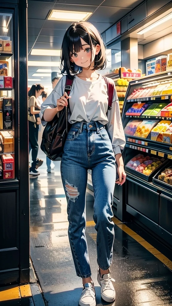 (8k, RAW Photos, 最high quality, masterpiece:1.2), high qualityのRAWカラー写真, Professional photo shoot, Cinematic Light, alone, (((young woman, Gal))), (Sharp features), (Small face), (Skin with attention to detail:1.2), clavicle, Cute Face, Beautiful appearance, Long eyelashes,Girl Turning Around, smile, (Black Hair, Long straight line), Jersey, High waist denim pants, sneakers, Backpack, Night Park, Confident attitude, Capture the happy moment, Artistic painting,Attractive thighs, (Very nice touch:1.2),はにかんだsmile), Peaceful atmosphere, Oil painting style, Bright colors, (Are standing:1.5, Inside a convenience store, Full body portrait), Smooth texture, Gazing Eyes, Beautiful Skin, Glowing Skin, ((Perfect Fingers, Five Fingers, Anatomically correct)), Background Blur, high quality, Surreal, ((Very detailed, photo shoot)),Many people々、blush、Plump