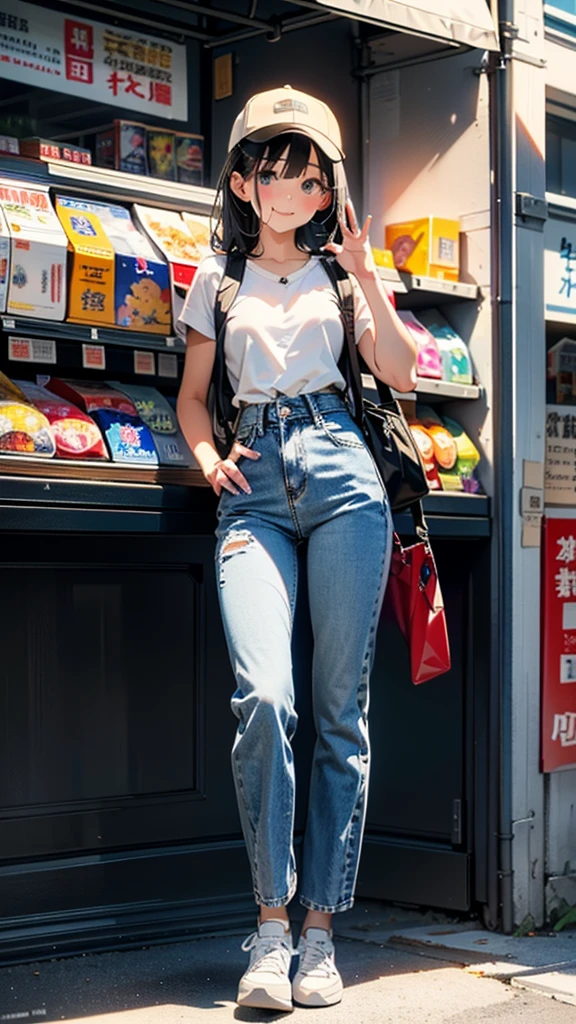 (8k, RAW Photos, 最high quality, masterpiece:1.2), high qualityのRAWカラー写真, Professional photo shoot, Cinematic Light, alone, (((young woman, Gal))), (Sharp features), (Small face), (Skin with attention to detail:1.2), clavicle, Cute Face, Beautiful appearance, Long eyelashes,Girl Turning Around, smile, (Black Hair, Long straight line), Jersey, High waist denim pants, sneakers, Backpack, Night Park, Confident attitude, Capture the happy moment, Artistic painting,Attractive thighs, (Very nice touch:1.2),はにかんだsmile), Peaceful atmosphere, Oil painting style, Bright colors, (Are standing:1.5, Inside a convenience store, Full body portrait), Smooth texture, Gazing Eyes, Beautiful Skin, Glowing Skin, ((Perfect Fingers, Five Fingers, Anatomically correct)), Background Blur, high quality, Surreal, ((Very detailed, photo shoot)),Many people々、blush、Plump