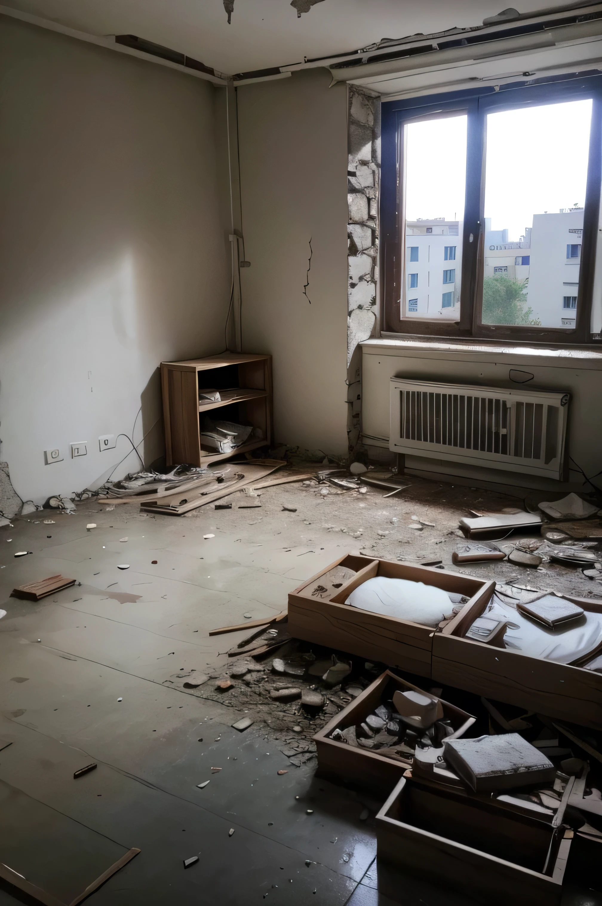 apartment ruins, with destroyed things and broken walls, realisitic.