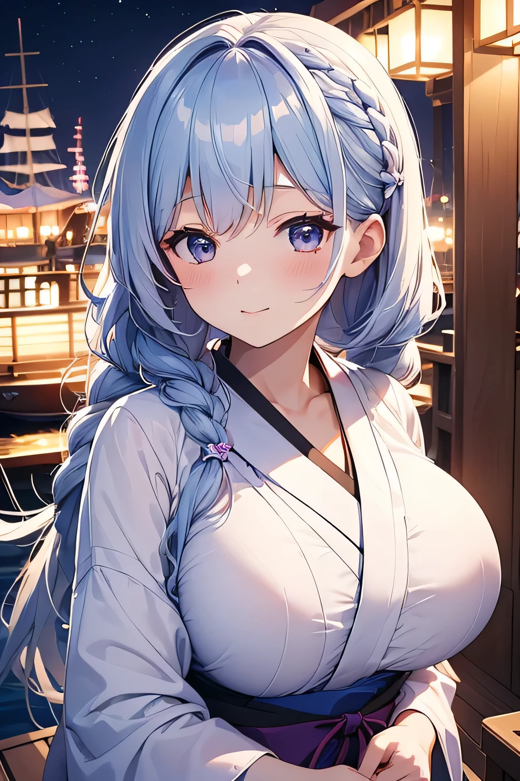 Highest quality、High resolution、Detailed Background、(Beautiful face in every detail:1.4)、Anatomically correct、Detailed facial expressions、(Detailed eyes:1.2)、age beauty、(Huge breasts:1.2)、Light color hair、Braided Ponytail、Braided bob cut、Braided Long Hair、cute gesture、Midsummer evening、summer boat、Relaxed atmosphere、Cowboy Shot、
(Two beautiful girls enjoying a night date at the summer boat:1.5)、
Board a summer boat moored on a deck along the river、Illuminated ship deck、Board the boat with a woman dressed in a cute yukata.、The night breeze blows pleasantly through the boat as it slowly makes its way down the river.、The shining moonlight gently illuminates the surface of the river.、Enjoy the night view along the river、cute