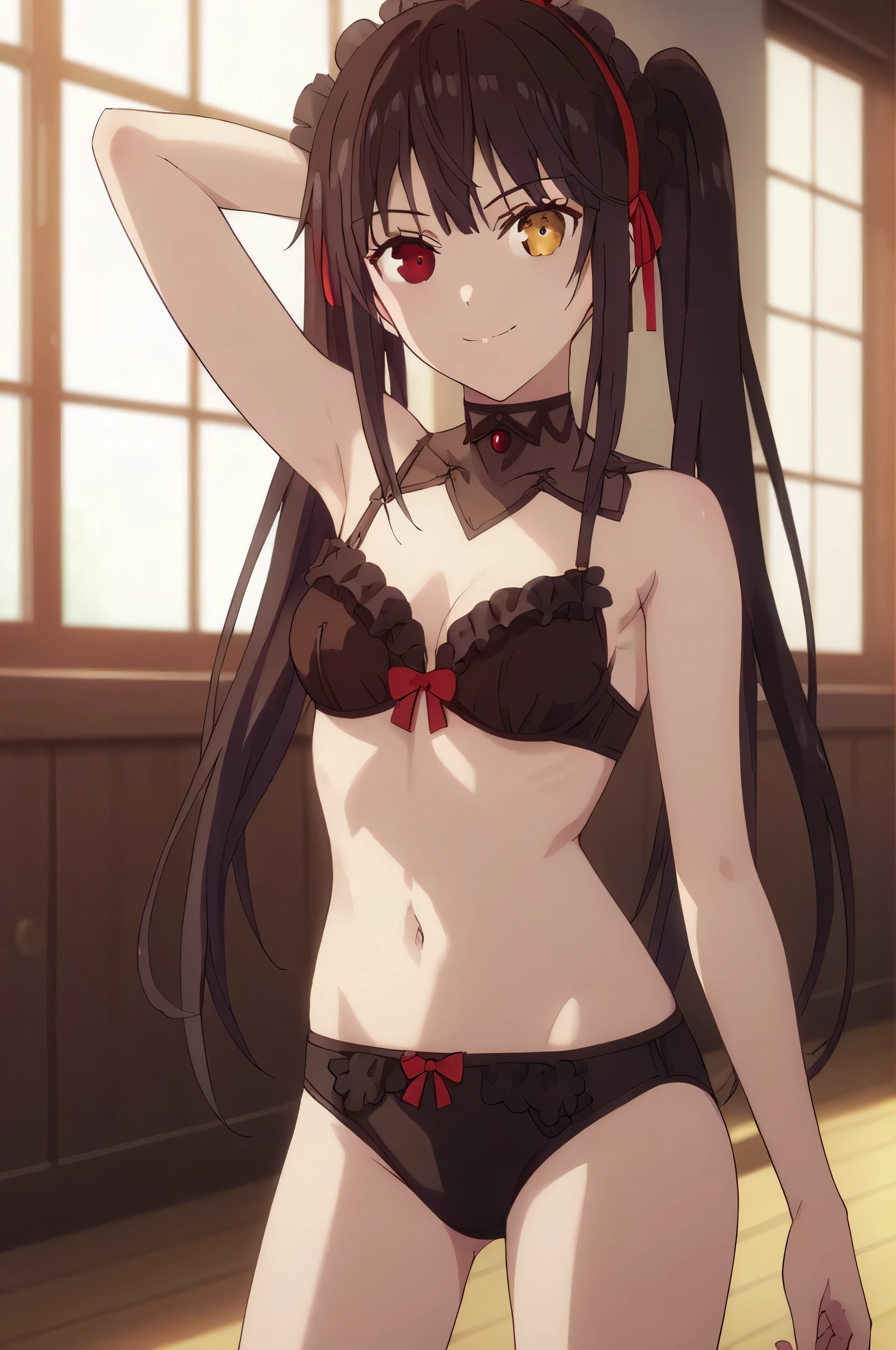score_9, score_8_up, score_7_up, source_anime,
kurumitokisaki, kurumi tokisaki, black hair, golden right eye(clock eye), heterochromia and red eyes, long hair, (bunches)
bare shoulder, ribbon, Black bra, bikini, briefs, black bikini, twintails, low twintails, black silk leggings
indoors, outdoor, smile,
looking at viewer, solo, lying on the bed, legs apart,