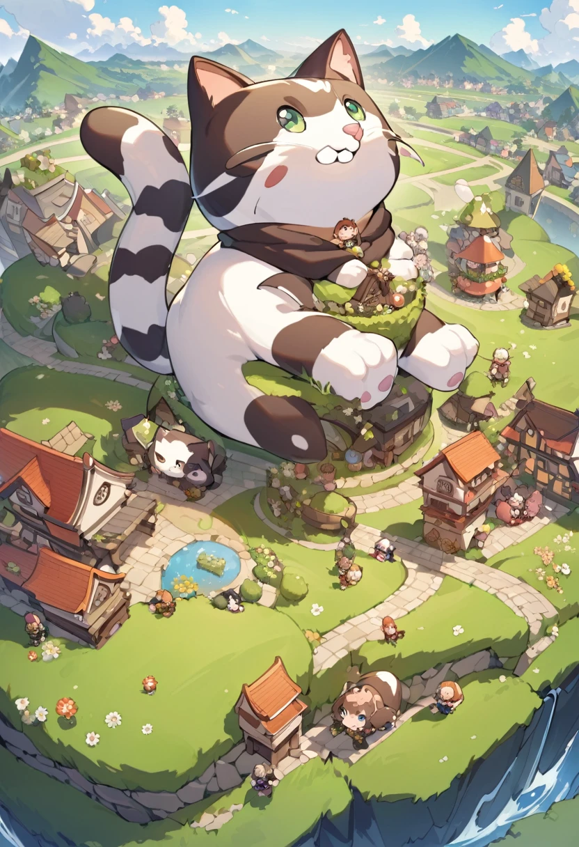 A scene in which a giant cat appears in a miniature town inhabited by dwarfs。The dwarves are looking up at the cat with expressions of surprise and excitement.。The cat is posing gracefully、It has an overwhelming presence in the world of little people.。In the background there are lush grasslands and flowers々Spread、The Little People's House々The bridge is depicted in great detail.。