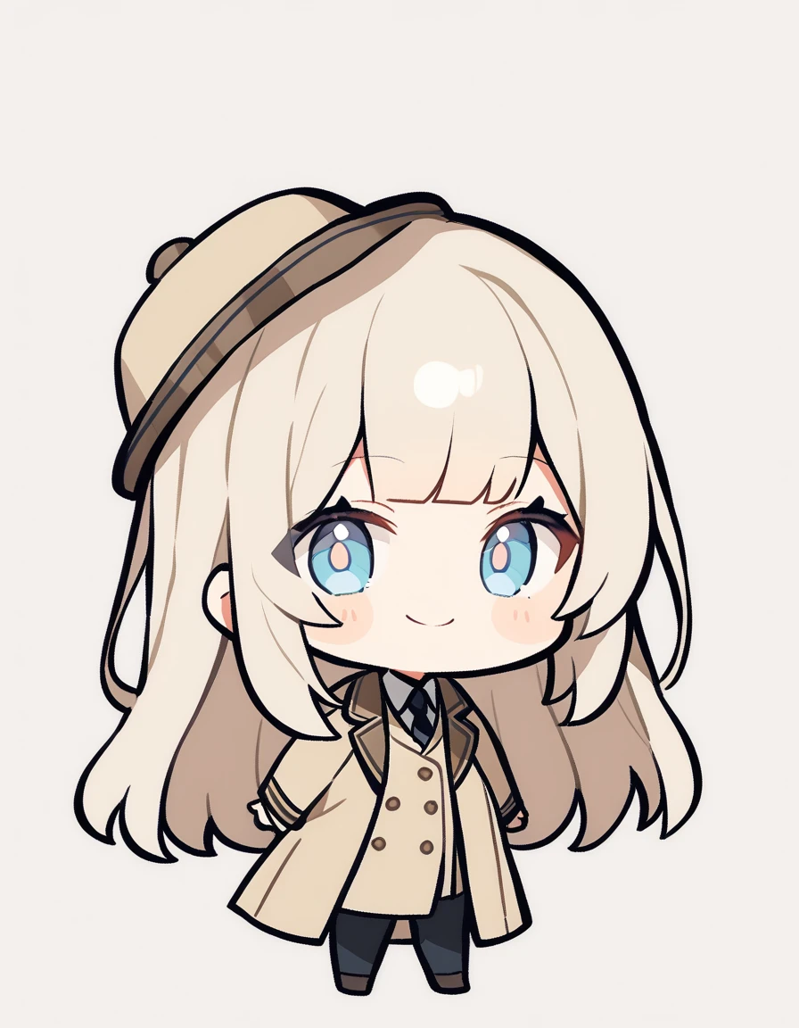 One girl, Beige hair、long、Bangs、Detective Suit、chibi,Light blue eyes、simple background、Smile