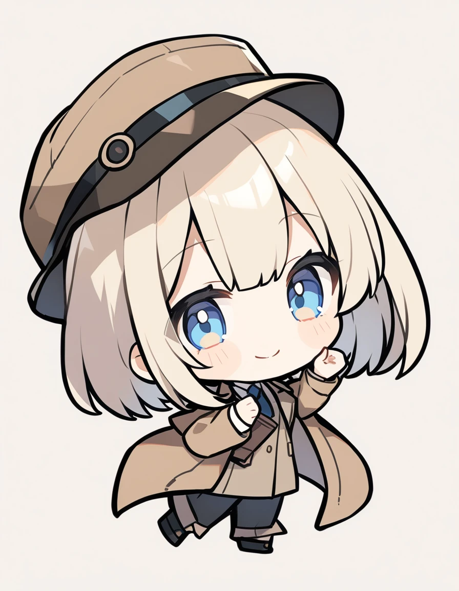 One girl, Beige hair、long、Bangs、Detective Suit、chibi,Light blue eyes、simple background、Smile
