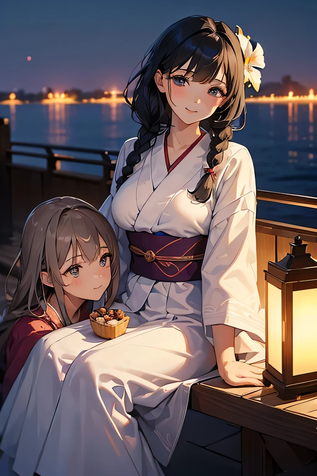 Highest quality、High resolution、Detailed Background、(Beautiful face in every detail:1.4)、Anatomically correct、Detailed facial expressions、(Detailed eyes:1.2)、Teenage beauty、(Huge breasts:1.2)、Light color hair、Braided Ponytail、Braided bob cut、Braided Long Hair、cute gesture、Midsummer evening、summer boat、Relaxed atmosphere、Cowboy Shot、
(Two beautiful girls enjoying a date night:1.5)、
Board a summer boat moored on a deck along the river、Illuminated ship deck、Board the boat with a woman dressed in a cute yukata.、The night breeze blows pleasantly through the boat as it slowly makes its way down the river.、The shining moonlight gently illuminates the surface of the river.、Enjoy the night view along the river、cute