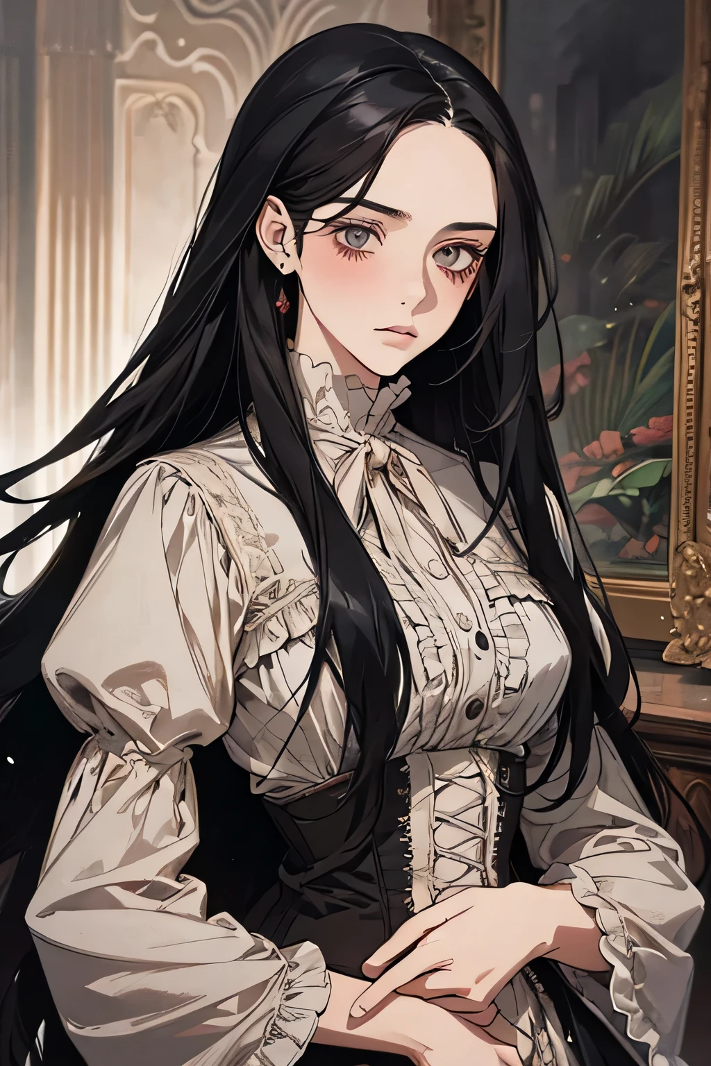 a digital painting of a woman with long black hair, grey eyes, a young noble woman from the 1800's , soft features, blush dress, in room, Slightly bulging abdomen,portrait style