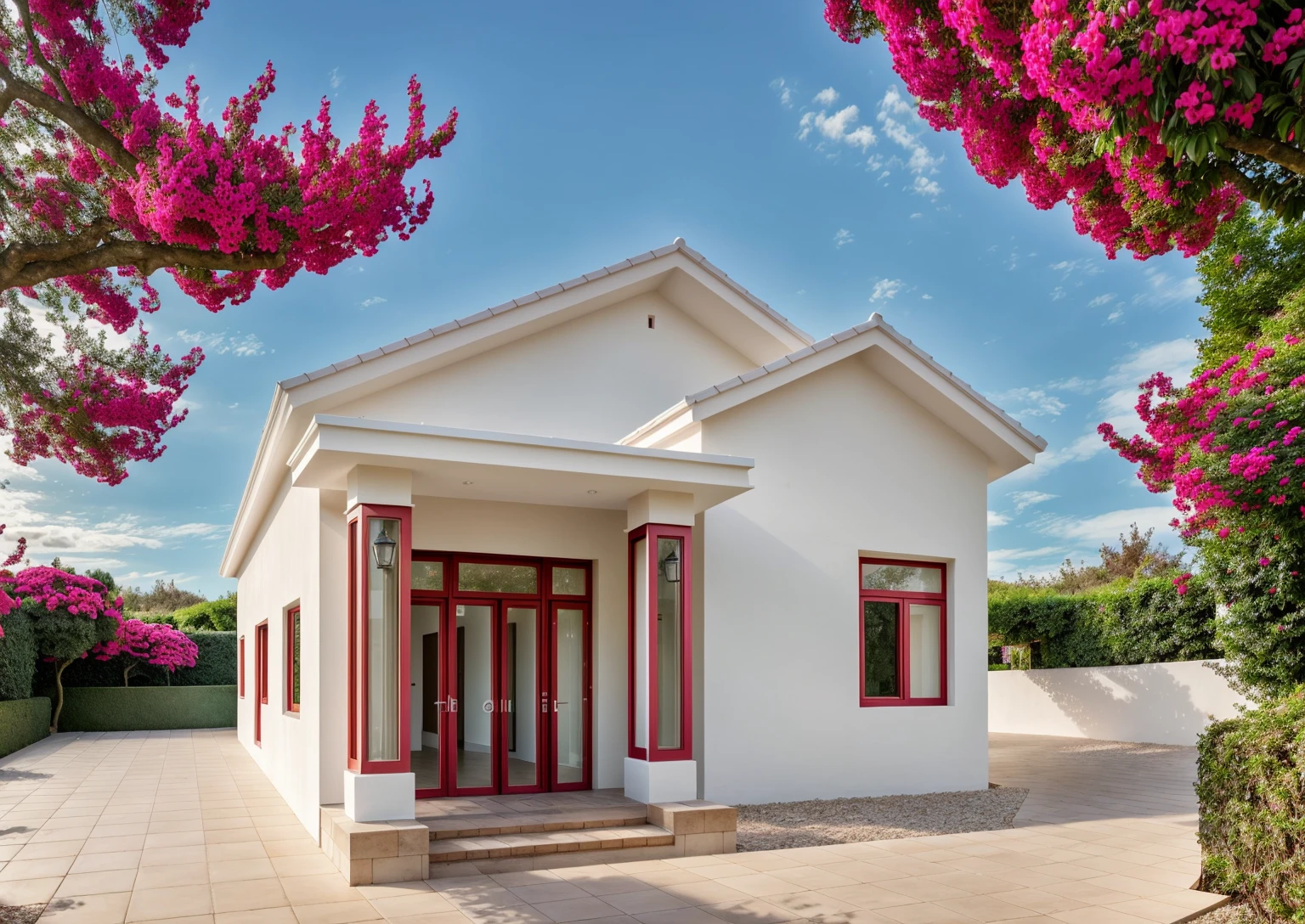 PLATEFORME KTHOUSE, Beaucoup de belles fleurs rouges le long de la route, Romantique, 1 maison de style néoclassique, La maison de ville est faite de murs blancs, Belle lumière, journée de beauté, ensoleillé, Beaucoup de bougainvilliers rouges le long de la route:1.3, belle sensation de jeunesse :1.2, soleil à midi, Très belles ombres, on tropical garden:1.4